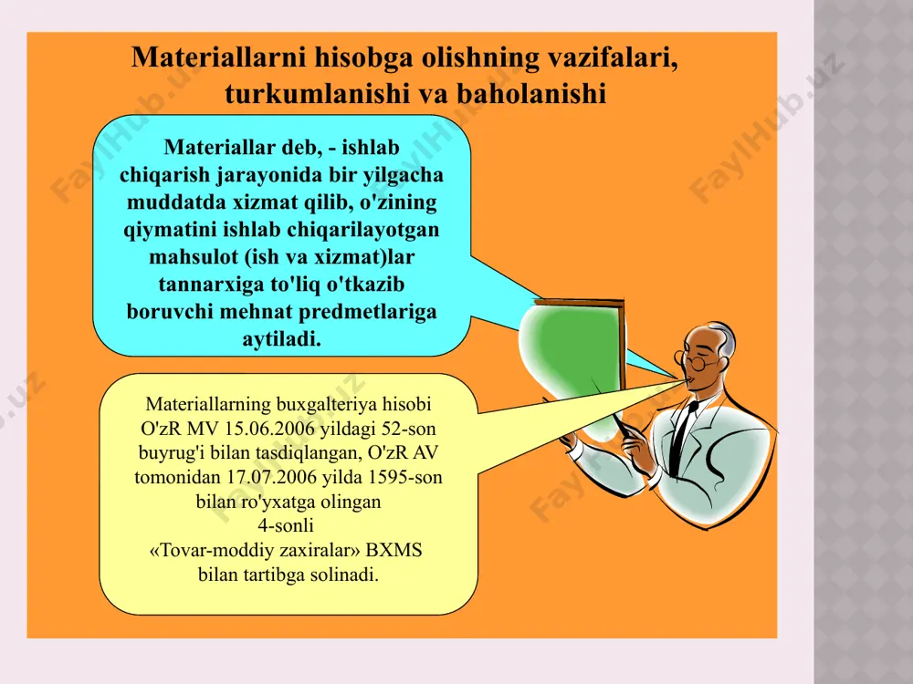 m ashyoga taъsir etish uchun foydalaniladigan va mahsulot isteъmoli xususiyatini berishda ishlatiladigan buyumlardir (mashinasozlikda qora metallar, yog'ochsozlik sanoatida yog'och) 3 sotib olingan yarim tayyor mahsulotlar ma'lum darajada ishlab chiqarish jarayonidan o'tgan, biroq pirovard mahsulot darajasiga etkazilmagan mahsulotlar (stanoksozlikda motorlar, avtomobilsozlikda shinalar) 4 yordamchi materiallar yaratilgan mahsulotni yaratishda mehnat vositalari va ularning tashqi ko'rinishini yaxshilash uchun sarflanadi (moylash materiallari, bo'yoq, lak, artish materiallari va x. k.) 5 chiqindilar mahsulot ishlab chiqarishda hosil bo'lgan qo'shimcha materiallar (qirindilar, qipiqlar, truba kesiklari va x. k.) 6 idish va idish materiallar mahsulotlarni o'rash, joylashtirish, tashish va saqlashda ishlatiladigan buyumlar (yog'och, karton va metall idishlari) 7 ehtiyot qismlar asosiy vositalarning quvvatini oshirishda foydalaniladigan buyumlar (taъmirlash uchun mashina va asbob-uskunalarning ayrim detallari) 8 inventar va xo'jalik jihozlari korxona faoliyatida ishlatiladigan xo'jalik buyumlari (otvertkalar, iskana, xo'jalik inventarlari, maxsus qiyimlar va x. k.). 9 boshqa materiallar yuqoridagi guruhlarga kirmaydigan boshqa materiallar (tuzatilmaydigan braklar, metallom) iinventar va xo'jalik jihozlari tarkibiga …