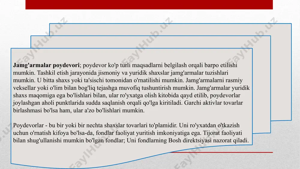 hda hal qiluvchi ahamiyatga ega bo‘lgan g‘oyat muhim loyihalarni moliyalashtirish; -strategik jihatdan muhim ahamiyatga ega bo‘lgan korxonalarni, birinchi navbatda iqtisodiyotning bazaviy tarmoqlarini yangilash va texnik jihatdan qayta qurollantirish dasturlarini kreditlash; -yoqilg‘i-energetika kompleksi, kimyo sanoati, mashinasozlik va rangli metallurgiya tarmoqlarini texnik jihatdan qayta qurollantirishga hamda ishlab chiqarish sur’at va hajmlarini oshirishga yo‘naltirilgan loyihalar moliyalashtirilishini ta’minlash; jamg'armaning mohiyati va maqsadi iste'mol va jamg'arma darajasini belgilab beruvchi omillar: -shaxsiy daromad -uy xo'jaliklari jamg'argan boylik -narxlar darajasi -narxlar, daromadlar va tovarlar taklifi o'zgarishi kutilishi -iste'molchi qarzlari miqdori -soliqlar darajasi jamg'armani amalga oshirishdan ko'zlangan maqsadlar: -foiz shaklida daromad olish; -uzoq muddat foydalaniladigan qimmatbaho iste'mol tovarlari(uy-joylar, avtomashina va h.k) sotib olish; -kasallik, ishsizlik va baxtsiz hodisalar kabi oldindan bilib bo'lmaydigan holatlardan iqtisodiy himoyalanish; -qarilik davrini moddiy ta'minlash; -farzandlarini kelajagini ta'minlash; -kelajakda vujudga kelishi mumkin bo'lgan turli-tuman ehtiyojlarni qondirish. e’tiboringiz uchun tashakkur! image2.jpeg /docprops/thumbnail.jpeg