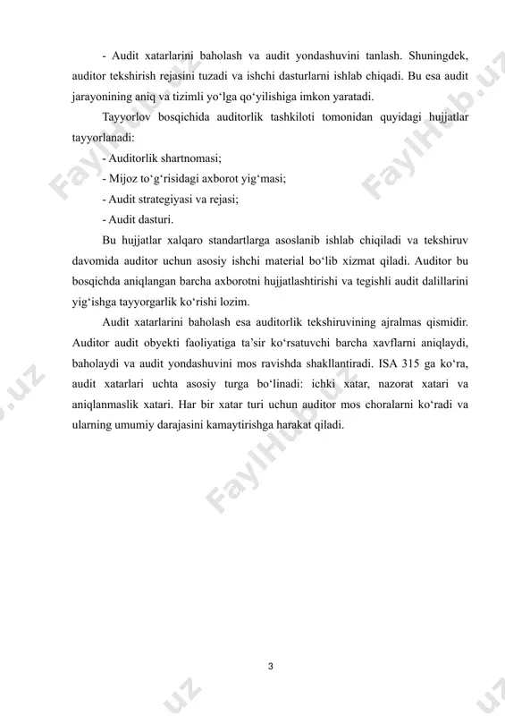 riga muvofiq tayyorlanganligi to‘g‘risida mustaqil fikr bildirishdan iborat. shunday qilib, auditorlik tekshiruvi nafaqat moliyaviy hisobotlarning to‘g‘riligini tasdiqlaydi, balki korxonalarning boshqaruv amaliyotlari va ichki nazorat tizimlarining samaradorligini oshirishga ham muhim hissa qo‘shadi. auditorlik tekshiruvining har bir bosqichi o‘ziga xos ahamiyatga ega bo‘lib, ularning orasida tayyorgarlik bosqichi alohida o‘rin tutadi. auditorlik tekshiruviga tayyorgarlik bosqichi - bu moliyaviy hujjatlar va jarayonlarni aniqlik, muvofiqlik va tashqi nazoratga tayyorlikni ta’minlash uchun proaktiv yig‘ish, tartibga solish va ko‘rib chiqish jarayonidir. ushbu bosqich auditorlik tekshiruvini samarali va o‘z vaqtida o‘tkazishni ta’minlashga qaratilgan bo‘lib, auditni o‘tkazish to‘g‘risida qaror qabul qilinganidan to auditning o‘zi boshlangunga qadar davom etadi. tayyorgarlik bosqichiga yetarli e’tibor qaratilmasa, audit jarayoni kechikishi, resurslar noto‘g‘ri taqsimlanishi va natijada audit sifati pasayishi mumkin. aksincha, puxta rejalashtirish va tahlil auditorga keyingi bosqichlarda samaraliroq ishlashga yordam beradi. tayyorgarlik bosqichi qanchalik puxta o‘tkazilsa, tekshiruv shunchalik samarali va sifatli bo‘ladi. ushbu hisobotning maqsadi “auditorlik tekshiruviga tayyorgarlik bosqichining mazmuni va ahamiyati” mavzusini …