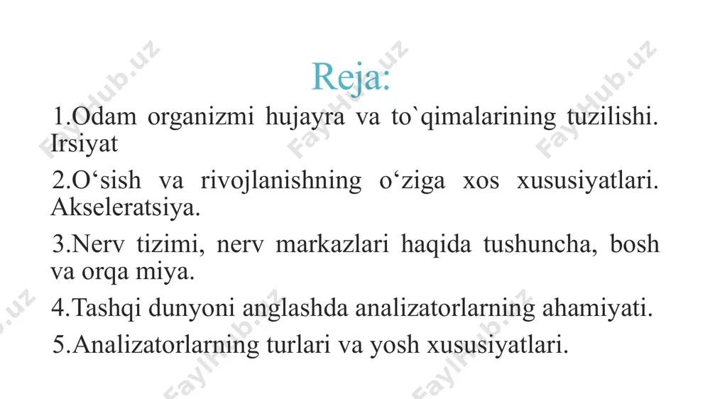 masi,tog‘ay va suyak to‘qimasi, silliq muskullar to‘qimasiga bo‘linadi. irsiyat organizmlar ontogenezining turgʻunligi, ontogenez bosqichlari ketma-ketligini va bu jarayonlarda moddalar almashinuvi xususiyatlarini belgilab beradi. irsiyatning yana bir xususiyati uning oʻzgaruvchanligidir. oʻzgaruvchanlik — tirik organizmlar hamda viruslar belgi va xususiyatlarining xilmaxil boʻlishi. „oʻ.“ termini organizmlarning yangi belgi va xususiyatlar hosil qilishi yoki eski belgi va xususiyatlarni yoʻqotishini ham ifodalaydi. oʻ. irsiyatga qarama-qarshi maʼnoni anglatadi. tabiiy sharoitda paydo boʻladigan oʻ. tabiiy, yaʼni spontan, eksperimentda hosil qilinadigan oʻ. sunʼiy, yaʼni indutsirlangan oʻ. deyiladi. oʻ. manbai genetik materialning kombinatsiyasi yoki rekombinatsiyasi, gen yoki xromosoma tarkibining oʻzgarishi, atrof muhit sharoitining taʼsiri boʻlishi mumkin. tabiatiga koʻra, oʻ. genotipik, yaʼni irsiy va fenotipik, yaʼni noirsiy shakllarga ajratiladi nasldan-naslga o‘tadigan kasalliklarni rivojlantirmaslik uchun bolalarni jismoniy sog‘lomlashtirish, ovqat sifatini yaxshilash, chiniqtirish, yuqumli kasalliklardan saqlash, asab kasalliklarini oldini olish masalalariga katta e’tibor berish kerak. genetika fanining rivojlanishi natijasida nasldan-naslga o‘tadigan kasalliklarni vaqtida aniqlash va oldini olish mumkin bo‘ldi. hozircha tibbiyotda anomal …
