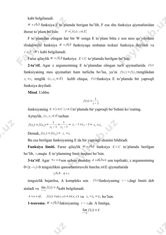 1) agar va funksiyalar z0 nuqtada uzluksiz bo’lsa, ( , ( , embed equation.3 funksiyalar ham z0 nuqtada uzluksiz bo’ladi. 2) agar funksiya yopiq d to’plamda uzluksiz bo’lsa, funksiya d da chegaralangan bo’ladi, ya’ni shunday o’zgarmas son mavjudki, d uchun bo’ladi. 3) agar funksiya yopiq d to’plamda uzluksiz bo’lsa, funksiya moduli d da o’zining aniq yuqori hamda aniq quyi chegaralariga erishadi, ya’ni shunday d nuqtalar topiladiki, d uchun bo’ladi. 4) agar funksiya z0 nuqtada uzluksiz bo’lsa, | | funksiya ham shu z0 nuqta da uzluksiz bo’ladi. funksiya to’plamda berilgan bo’lsin. 7-ta’rif: agar son uchun shunday son topiladiki, e to’plamning 0<|z' - ''|<( tengsizlikni qanoatlantiruvchi ( z',z''(e nuqtalari uchun tengsizlik bajarilsa, funksiya e to’plamda tekis uzluksiz deyiladi. 3-teorema: (kantor teoramasi) agar funksiya chegaralangan yopiq to’plamda uzluksiz bo’lsa, funksiya shu to’plamda tekis uzluksiz bo’ladi. adabiyоtlar: 1. шабат б.в. введение в комплексный анализ. 2-nashri, 1-ч.-м, “наука”, 1976. 2. xudoyberganov g., vorisov a., mansurov …