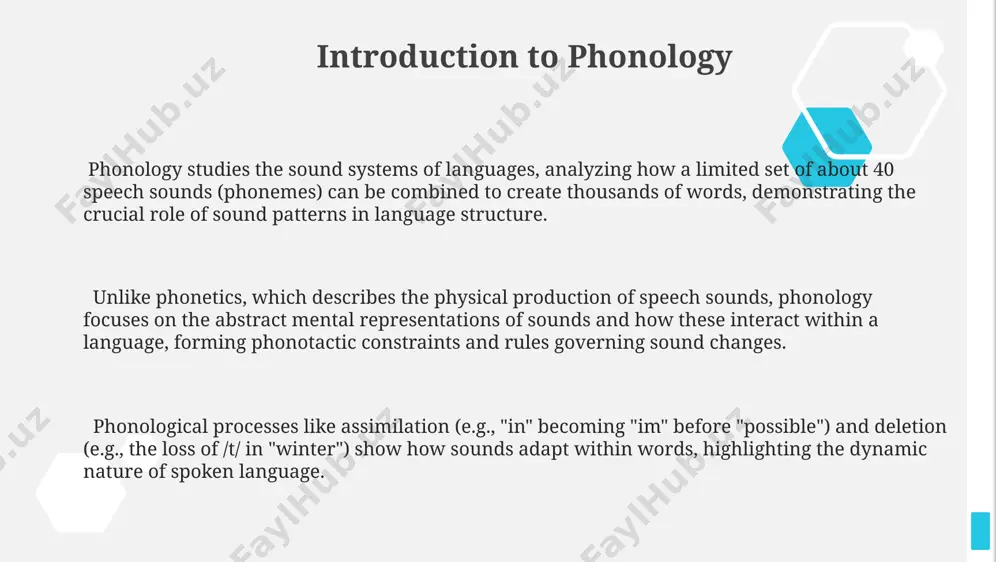 ogist would examine how that vowel's length interacts with surrounding sounds to impact word stress, potentially affecting the number of syllables perceived. phonetics is the scientific study of speech sounds (phones), their physical properties, and how they are produced; phonology, conversely, studies the abstract system of sounds (phonemes) and their function within a language, focusing on sound patterns and rules, like the 30+ phonemes in english phonetics analyzes the acoustic signal, articulatory movements (e.g., tongue position), and perceptual aspects of speech sounds; phonology is concerned with how these sounds contrast and pattern to create meaning, such as minimal pairs demonstrating phonemic distinctions (e.g., /bæt/ vs. /pæt/). syllable structure languages differ significantly in their syllable weight, based on the complexity of the nucleus and coda syllable structure is often described using a three-part model: onset (initial consonants), nucleus (vowel or syllabic consonant), and coda (final consonants) the sonority sequencing principle suggests …