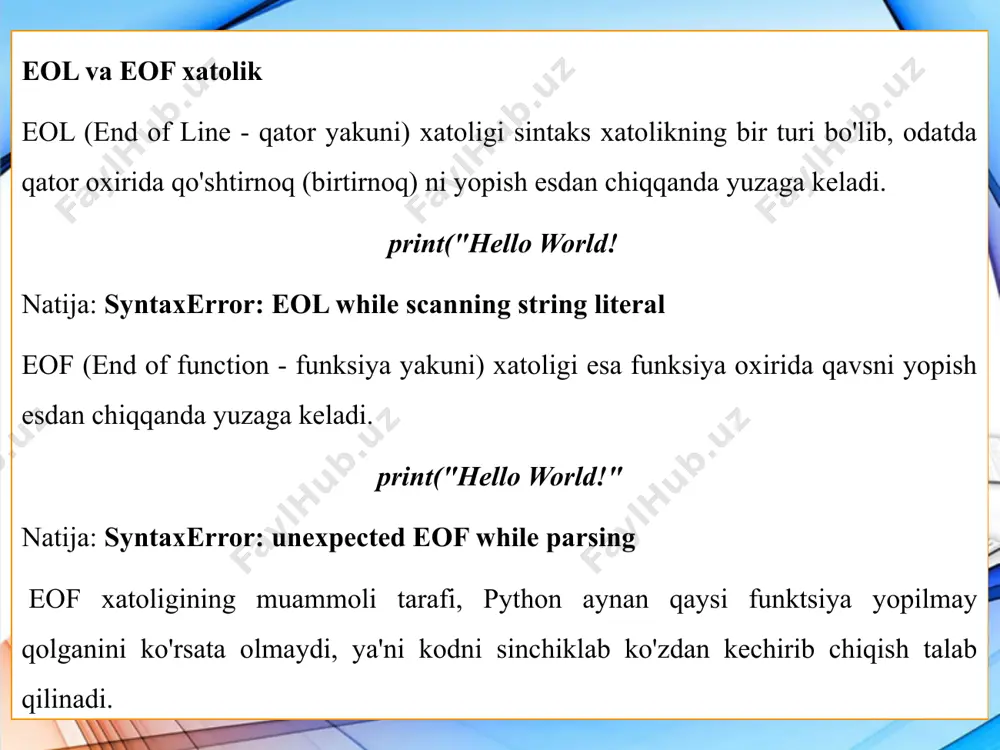 orli izoh sifatida ishlatish mumkin: """ bu izoh ko'p qatorli izohidir """ print("dasturlashni o'rganamiz") type ma’lumot turini aniqlash ma’lumot turini aniqlash uchun type() funksiyasi ishlatiladi. hozirgi misolda x o’zgaruvchisining turini ekranga chiqaramiz: x = 5 print(type(x)) complex sonlar kompleks sonni yaratish uchun complex(a,b) funksiyasidan foydalanish mumkin. bunda a - argument sifatida haqiqiy qism, b – argument sifatida, mavhum qismuzatiladi. shuningdek, sonni a+bj ko‘rinishida ifodalanadi. a=float(input('kompleks sonning haqiqiy qismini kiriting:')); b=float(input('kompleks sonning mavhum qismini kiriting:')); x=complex(a,b); print(x); ikkita kompleks sonlarning haqiqiy va mavhum qismlari berilgan. ushbu kompleks sonlarning yig‘indisini ekranga chiqaruvchi dastur tuzing. a=float(input('1-kompleks sonning haqiqiy qismini kiriting = ')); b=float(input('1-kompleks sonning mavhum qismini kiriting = ')); x=float(input('2-kompleks sonning haqiqiy qismini kiriting = ')); y=float(input('2-kompleks sonning mavhum qismini kiriting = ')); kompleks1=complex(a,b); kompleks2=complex(x,y); s=kompleks1+kompleks2; print("kompleks sonlarning yig'indisi=",s) e’tiboringiz uchun tashakkur image3.png image4.jpeg image5.jpeg image6.png image7.png image8.png image9.jpeg image10.jpeg image11.jpeg image12.png image13.png image14.jpeg image15.png image1.jpeg image2.jpeg