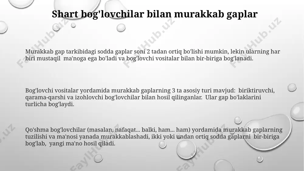 dan ortiq sodda gaplar ham uchrashi mumkin, bu holda mantiqiy aloqa muhim ahamiyat kasb etadi. qo'shma bog'lovchilar yordamida tuzilgan murakkab gaplarda kamida ikkita mustaqil sodda gap mavjud bo'lib, ular 2 ta yoki undan ortiq qo'shma bog'lovchi (masalan, "va", "lekin", "yoki") orqali bog'lanadi. murakkab gaplarning grammatik asoslari murakkab qo'shma gaplarda ikki yoki undan ortiq sodda gaplar qo'shma bog'lovchilar (masalan, na...na, ham...ham) yoki zidlovchi bog'lovchilar (lekin, ammo) yordamida bog'lanadi, har bir sodda gapning o'z kesim va bosh gap mavjud. murakkab gaplarning tuzilishiga qarab, ular bog'lovchi (ittifok) yordamida bog'langan yoki bog'lovchisiz murakkab gaplarga bo'linadi; birinchi turdagi gaplar 2 yoki undan ortiq mustaqil predikatga ega. murakkab gap ikki yoki undan ortiq sodda gaplardan iborat bo'lib, ularning har biri o'zining mustaqil grammatik asosini (fe'l yoki ismga mos keladigan so'z birikmasi) saqlab qoladi. murakkab gaplarning misollar murakkab bog'langan gaplarning 2 ta misoli: "o'simliklar quyoshni yaxshi ko'radi va suvsiz yashay olmaydi," "qish keldi, shuning uchun ham havo …