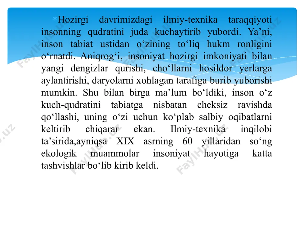 18 may; ozon qatlamini buzuvchi moddalar bo‘yicha monreal bayonnomasi(1993 yil 18 may); ozon qatlamini buzuvchi monreal bayonnomasiga london tuzatmasi (1993 yil 1 may); tabiiy muhitga zarar keltiruvchi har qanday harbiy va dushmanlik qiluvchi foydalanishni ta’qiq qiluvchi konvetsiya(1993 yil 26 may); bmtning iqlim o‘zgarishi bo‘yicha konvensiyasi(1993 yil 20 iyun), kiota bayonnomasi(1999 yil); qurg‘oqchilik va qurg‘oqchilik davom etayotgan davlatlarda qurg‘oqchilik bilan kurashish bo‘yicha konvensiya(1995 yil 31 avgust); biologik xilma-xillik bo‘yicha konvensiya(1996 yil 6 may); xalqaro madaniy va tabiiy me’roslarni saqlash bo‘yicha konvensiya (1995 yil 22 dekbr); butunlay yo‘qotilish xavfiga tushgan yovvoyi flora va faunaning xalqaro savdosiga qarshi konvensiya(1997 yil 1 iyul); yovvoyi qushlar migratsiyasi va ularni muhofaza qilish bo‘yicha konvensiya(1998 yil 1 may) va boshq.. o‘tgan asrning 80 yillarida ekologik turizmni rivojlantirishni birinchilardan bo‘lib boshlagan aqsh, kanada va yevropa davlatlari bo‘ldi. bu davlatlar hali ekoturizmning ilmiy nazariyasi,tamoyillari, amaliyoti va turlari to‘liq yaratilmaganligidan ekologik turizmni o‘z davlatlarida amalga oshirilgan ilmiy tadqiqotlar natijalari bo‘yicha …