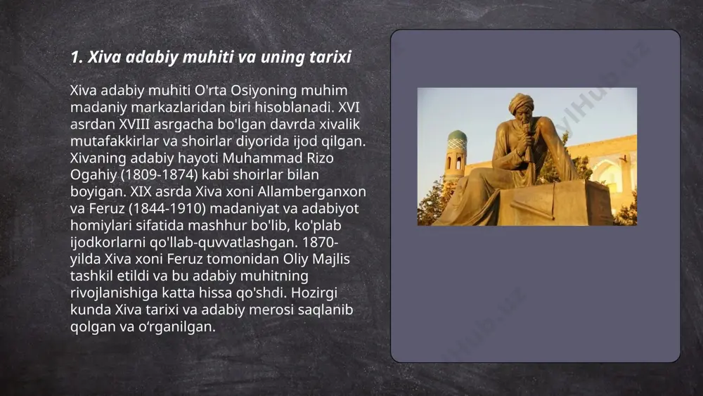 egallaydi. xorazmiyning ijodida yurt va xalq manfaati uchun kurashish, ijtimoiy adolatsizlikka qarshi chiqish ham alohida o'rin olgan. u o'z davrining ijtimoiy-siyosiy hayoti haqida ham ko'plab asarlar yozgan. komil xorazmiy asarlari orqali inson qadr-qimmati, yurtga sadoqat va mehr-muhabbat singari ezgu g'oyalar tarannum etiladi. ... t.me/slaydai_bot 7. xiva adabiyotidagi an'analar va yangiliklar xiva adabiyoti o'ziga xos an'analari va yangiliklari bilan ajralib turadi. xviii-xix asrlarda xiva adabiyotida o'zbek tili, forsi tili va arab tili keng qo'llanilgan. xorazmiy, fazoziy kabi shoirlar an'anaviy she'r shakllarida yangi mavzularni yoritgan. xix asrda ogahiy va bayoniy kabi adiblar tomonidan tarixiy asarlar yaratildi. shuningdek, xivadagi ilmiy va falsafiy asarlar rivojlandi. xx asrda xiva adabiyotida yangi janrlar va uslublar paydo bo'lib, milliy mustaqillik g'oyalari yoritildi. hozirgi kunda ham xiva adabiyoti milliy va zamonaviy yo'nalishlarda davom etmoqda. ... t.me/slaydai_bot xurshid mirzo (feruz) buxoro amirligi davrida tanilgan dramaturg va shoir edi. u 1874-yilda buxoroda tug‘ilgan va 1920-yilda vafot etgan. feruz o‘z davrida …