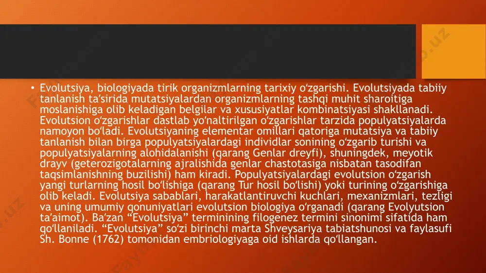 nazariyasi bilan qoʻshilib, zamonaviy evolutsion sintez shakllandi; u evolutsiya birliklari (genlar) va mexanizmi (tabiiy tanlanish) orasida aloqa oʻrnatdi. bu nazariya koʻp narsani izohlovchi va bashorat qila oluvchi boʻlib chiqib, zamonaviy biologiyaning asosiy tashkillashtiruvchi prinsipiga aylandi va yerdagi hayot shakllari orasidagi farq va oʻxshashliklarni tushuntirib bera old.evolutsiya eng avvalo insonlar va barcha tirik organizmlaring kelib chiqish tarixini oʻrganadi. evolutsiya faqatgina tirik organizmlarda balki barcha narsalarni kelib chiqish jarayonini oʻrganadi. foydalanilgan adabiyotlar rahimov m.m. biotexnologiya asoslari (qo’lyozma). toshkent 2008 aberqulov m. genetika va biotexnologiya (ma’ruza matnlari) t. 2000 сасон а. биотехнология: свершения и надежды. м.: мир, 1997 maqsudov z.y. umumiy genetika toshkent image2.png image3.png image4.jpeg image5.jpeg image6.jpeg image1.png