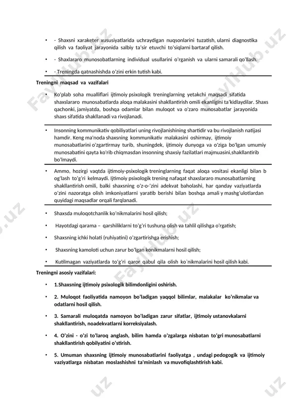 ik darajasi maqsadga muvofiq tarzda maxsus mashqlar tizimi orqali rivojlantiriladi. · ijtimoiy psixologik treninglar quyidagicha masalalardan iborat bo’lishi kuzatilinadi: · - ma'lum psixologik bilimlarni egallash. · - o’zini va boshqalarni adekvat baholash va bir - birini to’g’ri va to’liq tushunilishi. · - shaxsni xaraketer xususiyatlarida uchraydigan nuqsonlarini tuzatish, ularni diagnostika qilish va faoliyat jarayonida salbiy ta’sir etuvchi to’siqlarni bartaraf qilish. · - shaxlararo munosobatlarning individual usullarini o’rganish va ularni samarali qo’llash. · - treningda qatnashishda o’zini erkin tutish kabi. treningni maqsad va vazifalari · ko'plab soha mualliflari ijtimoiy psixologik treninglarning yetakchi maqsadi sifatida shaxslararo munosabatlarda aloqa malakasini shakllantirish omili ekanligini ta’kidlaydilar. shaxs qachonki, jamiyatda, boshqa odamlar bilan muloqot va o'zaro munosabatlar jarayonida shaxs sifatida shakllanadi va rivojlanadi. · insonning kommunikativ qobiliyatlari uning rivojlanishining shartidir va bu rivojlanish natijasi hamdir. keng ma'noda shaxsning kommunikativ malakasini oshirmay, ijtimoiy munosabatlarini o'zgartirmay turib, shuningdek, ijtimoiy dunyoga va o'ziga bo'lgan umumiy munosabatini qayta ko'rib chiqmasdan …