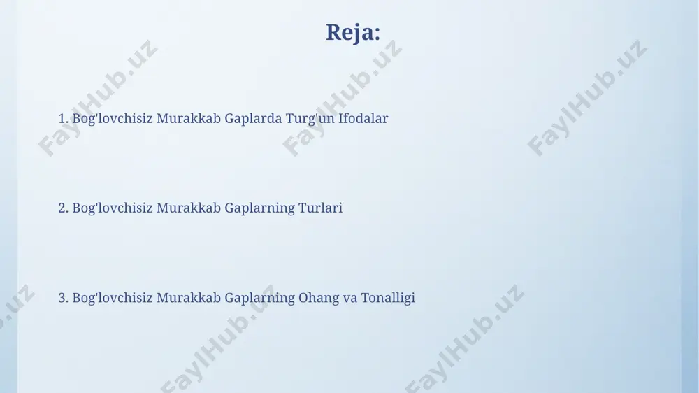 batlarini ifodalovchi qo‘shma gaplarda 1-gapning fe’li o‘tgan zamon, 2-gapning fe’li esa kelasi zamon shaklida bo‘lishi mumkin. misollar va amaliy mashqlar takrorlanuvchi so'zlarni ishlatmasdan 15 ta qo'shma gap tuzish orqali o'quvchilarning grammatik ko'nikmalarini 3 darajada baholash mumkin. amaliy mashqlar bo'limida kamida 10 ta qo'shma gap tuzish va ularni tinish belgilar bilan to'g'ri rasmiylashtirish vazifasi berilishi mumkin. asossiz murakkab gaplarda virgulning o'rni asossiz murakkab gaplarda ikki sodda gap o'rtasida vergul qo'yish, ularning mantiqiy bog'lanish turiga (sanab o'tish, qarama-qarshilik, ketma-ketlik va boshqalar) bog'liq bo'lib, 2 dan ortiq sodda gap bo'lsa, vergullar soni ortadi. murakkab gapning ikki qismini bog'lovchi vosita sifatida vergulning o'rnini aniqlashda, gap qismlarining semantik munosabatlarini va intonatsiyani hisobga olish kerak, masalan, 3 ta sodda gapdan tashkil topgan gapda 2 ta vergul bo'lishi mumkin. murakkab gapning qismlari o'rtasidagi mantiqiy aloqalar murakkab gapning sodda gap qismlari orasida 2 ta asosiy mantiqiy aloqa – izchillik va ziddiyat aloqalari mavjud boʻlib, ular vergul yoki nuqta …