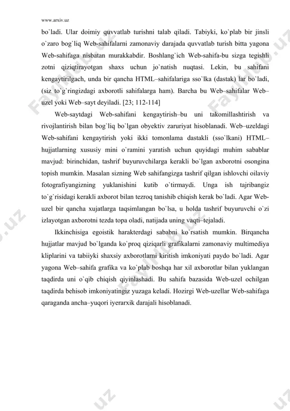 iiyki shaxsiy axborotlarni kiritish imkoniyati paydo bo`ladi. agar yagona web–sahifa grafika va ko`plab boshqa har xil axborotlar bilan yuklangan taqdirda uni o`qib chiqish qiyinlashadi. bu sahifa bazasida web-uzel ochilgan taqdirda behisob imkoniyatingiz yuzaga keladi. hozirgi web-uzellar web-sahifaga qaraganda ancha–yuqori iyerarxik darajali hisoblanadi. 2. web-uzel strukturasini loyihalash prinsiplari · hozirgi vaqtda korxona va tashkilotlarning ko`pchiligi o`zlarining web –uzellarini yaratish bilan internetda ishtirok etish imkoniyatiga ega bo`lmoqdalar. shu bilan birga web –uzelni ochish va loyixalash–bu ko`plab bilim, chaqqonlik fantaziya va doimiy quvvatlanib turishni talab qiluvchi uzoq muddatli murakkab jarayon. loyihalanayotgan web –uzel, xoh u uy sahifasi bo`lsin, xoh u qaysidir tijorat korxonasiniki bo`lsin, baribir quyidagi asosiy loyihalash prinsiplariga javob berishi kerak: · mazmunli: · jihozli; · dastakli; · tuzilmali. · birinchi prinsip qancha va qanday axborotlarni joylashtirishga qaror qilinganligi to`g`risidagi savollarga javob berishi kerak. mabodo, aniq aniqlay olmasangiz tashvishga tushishga xojat yo`q. odatda, bu yerda aniq andozalar bo`lmaydi. boshlang`ich sahifani www ga …