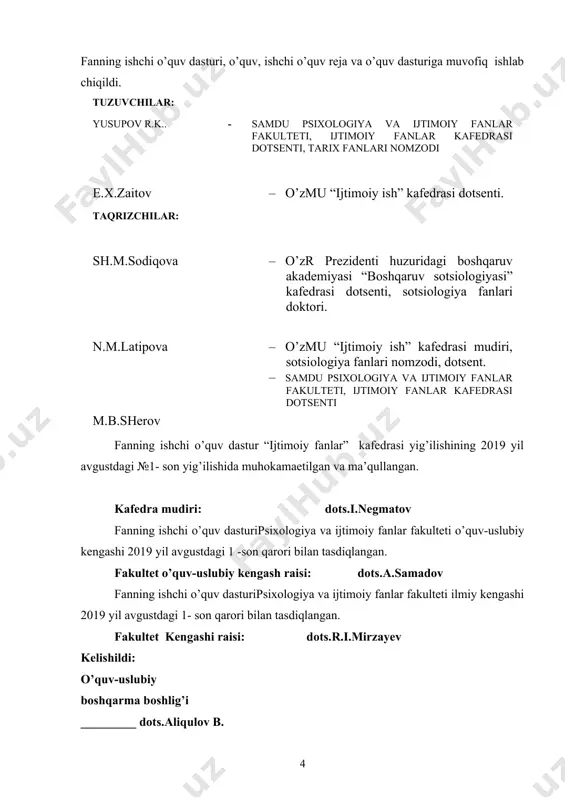 da tasavvurga ega bo’lishi; · ijtimoiy himoya asoslari, davlatda va butun jahondagi ijtimoiy himoya tizimi holati xususiyatlarini bilishi va ulardan foydalana olishi; · talaba ijtimoiy siyosat va uning amalga oshish jarayoni va uni mexanizmlarini tahlil qila olishi va muammolarni echishda qaror qabul qilish ko’nikmalariga ega bo’lishi kerak. iii. asosiy nazariy qism (ma`ruza mashg’ulotlari) 1-mavzu. ijtimoiy siyosat mazmun mohiyati va shakllanish tarixi ijtimoiy siyosat-ijtimoiy nazariya va amaliyot sifatida, uning ko’rinishlari. ijtimoiy mehnat faoliyati-ijtimoiy siyosat asosi sifatida, uning tarkibiy qismlari va elementlari. ijtimoiy siyosat va iqtisodning o’zaro aloqadorligi va o’zaro bog’liqligi. ijtimoiy siyosat, uning mazmuni (ob`ektlari va maqsadlari). funktsiyalari, asosiy vazifalari. ijtimoiy siyosatni amalga oshirishning asosiy sohalari. jamiyatning ijtimoiy tarkibi. ijtimoiy siyosat mazmun mohiyati, maqsadlari, nazariyasi. qadimgi dunyoning ijtimoiy siyosiy fikri. o’rta asrlar va yyg’onish davridagi ijtimoiy siyosiy g’oyalar. yangi va eng yangi zamondagi ijtimoiy siyosiy ta`limotlar. 2-mavzu. ijtimoiy siyosat predmeti, ob`ekti va sub`ektlari iqtisodiy tizim transformatsiyasi va uning ijtimoiy muammolarni hal …
