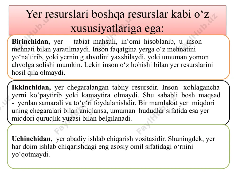 i, yer qaytimi, iqtisodiy samara ko‘rsatkichlaridir. iqtisodiy samaradorlik yalpi va tovar mahsulot hajmi orqali ifodalanib, ekin maydoniga nisbatan hisoblanadi: yerlarning samaradorligini hisoblashning ikkinchi usuli: yerlarning samaradorligini hisoblashning uchinchi usuli: samaradorlikni hisobalashning to‘rtinchi usuli: foydani aniqlash: qishloq xo‘jaligida tovar qaytimi quyidagicha hisoblanadi: qishloq xo‘jaligida fond bilan ta’minlanganlik ko‘rsatkichi quyidagicha hisoblanadi: yer resurslaridan foydalanish koeffitsiyenti: qishloq xo‘jaligi yerlaridan foydalanish koeffitsiyenti: tuproq unumdorligining kamayishi natijasida yo‘qotilgan hosil quyidagicha aniqlanadi: бонитет - tuproqning tabiiy unumdorligi bo‘lib, 100 ballik shkalada baholanadi. yerni iqtisodiy jihatdan baholash quyidagi formula bilan aniqlanadi. irrigatsiya deganda, suv resurslari bilan ta’minlash va suv inshootlari faoliyati tushuniladi. melioratsiya esa yerning tabiiy unumdorligini yaxshilash chora-tadbirlarining jamlanmasidir. yer monitoringi – yer tarkibidagi o‘zgarishni vaqtida aniqlash, salbiy jarayonlarning oldini olish, yerlarni baholash, salbiy oqibatlarni tugatish uchun yer fondining umumiy holatini kuzatish tizimidir. monitoring obyekti sifatida o‘zbekiston respublikasining barcha yerlari, (mulkchilik va xo‘jalik shaklining barchasiga tegishli ravishda) qanday maqsad va foydalanishiga qaramay, tan olingan. yer bonitirovkasi …