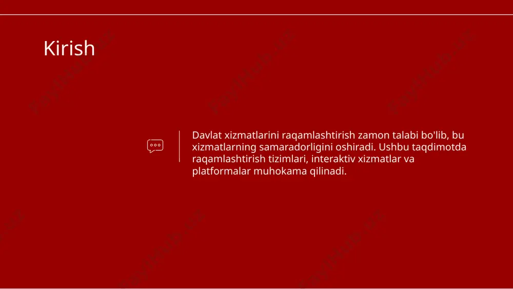 vchi faktorlar hisoblanadi. xulosa davlat xizmatlarini raqamlashtirish zamonaviy jamiyatda muhim ahamiyatga ega. raqamlashtirish tizimlari, innovatsion vositalar va ularning xavfsizligini ta'minlash xizmatlarning sifatini oshirishga yordam beradi. do you have any questions? thank you! +00 000 000 000 credits: this presentation template was created by slidesgo, and includes icons, infographics & images by freepik image1.png image2.png image3.png image4.png image5.png