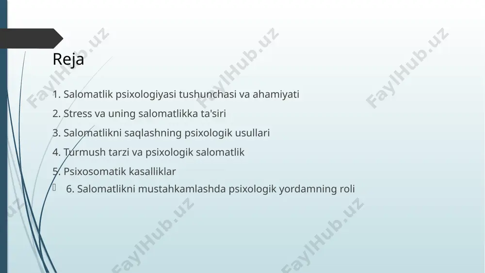 mustahkamlaydi. yeterli uyqu va to`g`ri ovqatlanish muhimdir. jismoniy faoliyat organizm uchun foydalidir. ijtimoiy aloqalar ruhiy salomatlik uchun zarurdir. o`z-o`zini hurmat qilish salomatlik uchun muhimdir. salomatlikni saqlashning psixologik usullari insonning turmush tarzi uning psixologik salomatligiga katta ta'sir ko`rsatadi. sog`lom turmush tarzi stressni kamaytiradi. to`g`ri ovqatlanish ruhiy holatni yaxshilaydi. yeterli jismoniy faoliyat energiya beradi. uyquning sifati muhim rol o`ynaydi. ijtimoiy aloqalar hissiy jihatdan qo`llab-quvvatlaydi. yomon odatlar psixologik salomatlikka zarar yetkazadi. chekish va spirtli ichimliklar iste'mol qilish zararli. doimiy stress turli ruhiy kasalliklarga olib kelishi mumkin. salomatlikni saqlash uchun turmush tarzini o`zgartirish kerak. turmush tarzi va psixologik salomatlik psixosomatik kasalliklar ruhiy holatning jismoniy sog`liqqa ta'siri natijasida yuzaga keladi. stress va tashvish turli kasalliklarga olib kelishi mumkin. yurak-qon tomir kasalliklari psixosomatik bo`lishi mumkin. oshqozon-ichak kasalliklari ham psixosomatik bo`lishi mumkin. bunday kasalliklarni davolashda psixologik yordam muhimdir. psixoterapiya stress va tashvishni kamaytiradi. sog`lom turmush tarzi kasalliklarning oldini oladi. o`z-o`zini nazorat qilish muhim rol o`ynaydi. psixosomatik kasalliklarning …