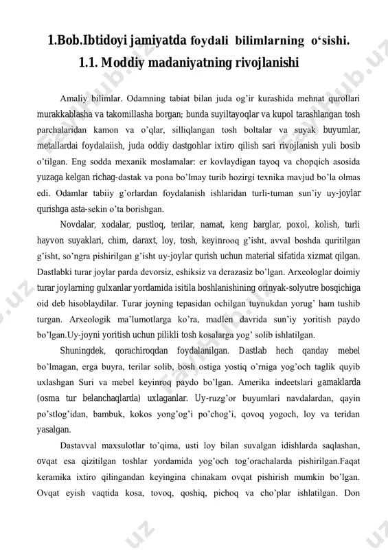 ning mardonavor ish-xarakatlari aks ettiriladi, ko’pincha urug’larning, qabilalarning kelib chiqishlari haqida, dunyoning paydo bo’lishi to’g’risida hikoya qilinadi.ibtidoiy jamiyatda yozuv bo’lmagan, shuning uchun afsonalar avloddanavlodga og’zaki ko’chib yurgan. 1.2. tafakkur va nutqning o’sishi tafakkur va nutq taraqqiy qilmay turib madaniyatning vujudga kelishi mumkin emas. burjua fanida arxantroplar va paleantroplar tafakkuri xususida ikkita g’ayri ilmiy kontseptsiya tarqalgan. bu kontseptsiyalardan birining (evolyutsionist e. teylor va g. spenser ilgari surgan kontseptsiya} namoyandalari eng qadimgi odamlar tafakkuri bilan hozirgi jismoniy tipdagi insoni tafakkuri o’rtasidagi farqlarni e’tirof qilishmaydi. ikknichi (l. levi - bryulem) ta’rif qilgan kontseptsiyaning izdoshlari hamma ibtidoiy odamlar tafakkurini "mantiqiy tafakkurdan oldingi".ya’ni mantiq qonunlariga buysunmaydigan tafakkur deb hisoblashadi. eng qadimgi odamlar qurollar yasash uchun ishlatgan materiallar (toshlar, yog’ochlar)ning xususiyatlarini bilib olgan, hayvonlarning odatlarini o’rgangan va ularni ovlay bilgan, eyiladigan va eyilmaydigan mevalarni, etildizli giyohlar va shu kabilarni bir-biridan farq qila olgan. lekin o’sha davrda odamlar tabiat ustidan xali katta g’alaba qila olmaganlar, binobarin, ularning …