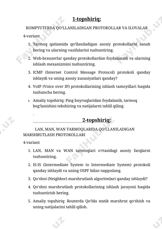 q: klient-server va peer-to-peer arxitekturalarining qurilish usullari 4-variant 1. klient-server modelining uch darajali arxitekturasi (3-tier architecture) qanday ishlaydi? 2. peer-to-peer tarmoqlarda ma’lumotlarning tarqalish usullari qanday? 3. klient-server tizimlarida yuklama balansirovkasi qanday amalga oshiriladi? 4. p2p tarmoqlarda ishlatiladigan markazlashtirilgan indekslash va taqsimlangan indekslash usullari qanday? 5. amaliy topshiriq: virtual mashinalar yoki docker yordamida klient-server arxitekturasi asosida kichik tarmoq loyihasini ishlab chiqing. 5-topshiriq: tarmoqlarni dasturiy va apparat ta’minoti xavfsizligi 4-variant 1. iot (internet of things) qurilmalarining xavfsizlik muammolari va ulardan himoyalanish usullari qanday? 2. tarmoq xavfsizligi protokollari (ipsec, wpa3, ssl/tls) qanday ishlaydi? 3. zero trust security (ishonchsiz xavfsizlik modeli) nima va qanday ishlaydi? 4. dasturiy ta’minotdagi xakerlik hujumlari va ularni aniqlash usullari qanday? 5. amaliy topshiriq: metasploit yoki kali linux yordamida tarmoq xavfsizligidagi zaifliklarni tekshirish bo‘yicha tajriba o‘tkazing (faqat ruxsat berilgan test muhiti ichida). javoblar 1-topshiriq: 1) tarmoq qatlamida qo‘llaniladigan asosiy protokollar va ularning vazifalari: 1. ip (internet protocol) – ma’lumotlarni manzildan …