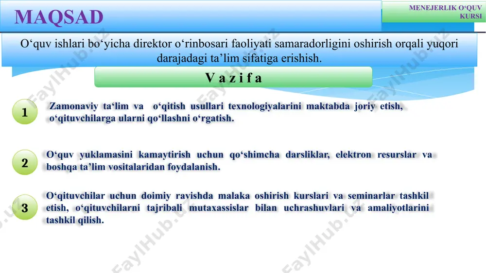 ng o‘rganishlar, so‘rovnomalar va tadqiqotlarning yo‘qligi. yaponiya: ta’lim boshqarmalari tomonidan direktor o‘rinbosarlari orasida faoliyati samaradorligi bo‘yicha o‘rganishlar, so‘rovnomlalar olib boriladi va muommolarga diagnoz amalga oshiriladi. o‘quv ishlari bo‘yicha direktor o‘rinbosarlari faoliyati samaradorligiga ta’sir qiluvchi ichki va tashqi omillar bo‘yicha keng o‘rganishlar, so‘rovnomalar va tadqiqotlar o‘tkazilib, tahlil qilingan holatda yo‘l xaritasi ishlab chiqilishi kerak. xulosa menejerlik o‘quv kursi so‘nggi pedagogik texnologiyalardan foydalanish va innovatsion o‘qitish usullarini joriy etish. masalan, interaktiv ta’lim yani bilim olishni zamonaviy usullari dasturlarini, online ta’lim platformalarini joriy etish va o‘qituvchilar uchun ta’lim kurslari tashkil qilish maktab samaradorligini oshirishda yordam beradi. o‘quv ishlari bo‘yicha direktor o‘rinbosarlari ish faoliyatida vujudga keladigan ruhiy bosim, stress va depressiyalarni oldini olish uchun samarali psixologik yordamni yo‘lga qo‘yish orqali psixologik barqarorlikka erishiladi. o‘quv ishlari bo‘yicha direktor o‘rinbosarlari faoliyati samaradorligini elektron ta’lim platformalar orqali shaffof va xolis baholash tizimini yo‘lga qo‘yish(kpi tizimi kabi) orqali kelgusida amalga oshiriladigan asosiy chora tadbirlar belgilab olinadi. t/r muammo …