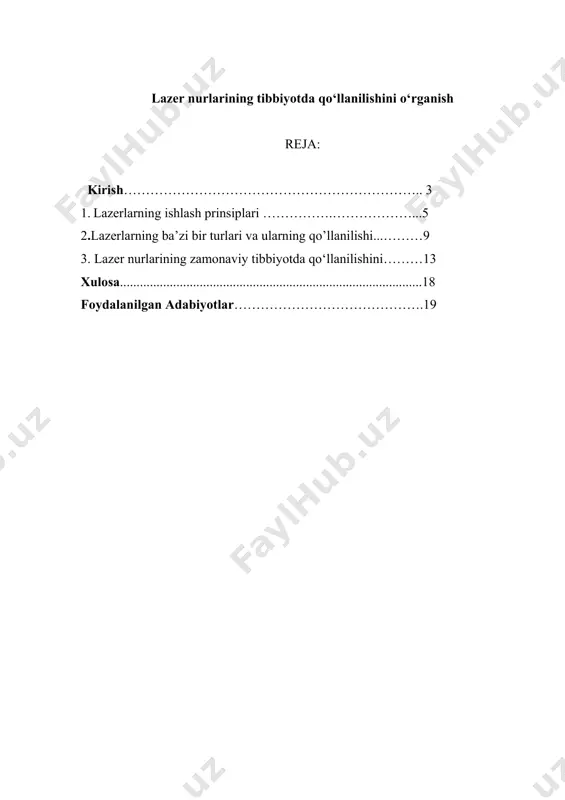 riallarni lazer materiallar deyiladi yoki ularni faol (aktiv) moddalar deb ataladi. faol muhit sifatida yoqut kristali (rubin) ishlatiladigan lazer 1960 yil yaratildi. keyingi kashfiyotlarda neon ne va geliy he gazlari arlashmasi qo’llaniladigan lazer (1960 y), neodim nd^+3 ionlari qo’shilgan silikat shisha qo’llanilgan lazer (1961y), yarimo’tkazgich birikma kalsiy-mishyakli caas kristallari qo’llanilgan lazer (1962 y), anorganik suyuqlikdagi neodim eritmasi selenoksixlorid seocl2 va organik bo’yoq eritmalari ishlatiladigan lazerlar (1966 y) yaratildi. 1974 yilga kelib faol moddalar (lazer materiallar) soni 200 ga yetgan edi[1]. o’ta stabil lazerlar chastotalar optik satandartining asosidir, lazer seysmografi, gravimetrlar, aniq fizik priborlar asosi hisoblanadilar. chastotasini o’zgartirib sozlanadigan lazerlar (bo’yoq moddali lazerlar) spektroskopiyada inqilobiy o’zgarishga olib keldi. ular spektroskopiyada ajrata olish qobilyatini kuchaytirishga, usullar sezgirligini orttirishga asos bo’lib, xatto alohida atom spektrini olishga imkon yaratdilar (lazer spektroskopiyasi, nochiziqli spektroskopiya va boshqalar) . lazer lokatorlar atmosfera turli qatlamlarida ifloslanishni aniqlash va ularni bartaraf etish va boshqarishga yordam beradi, ta’sir tezligini aniqlash,atmosfera …