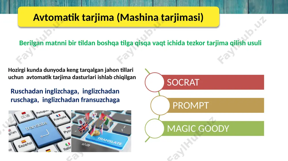ovchi amaliy dasturlar hamda bilimlarni avtomatik baholash mexanizmlari. kompyuter leksikografiyasi (elektron lug‘atlar tuzish) – muayyan til leksikonidagi so‘zlarning ma’lumotlar bazasi va maxsus dasturlash tillari yordamida ishlash tizimiga ega bo‘lgan dasturlar (kompyuter lug‘atlari) yaratish bilan shug‘ullanuvchi soha kompyuter leksikografiyasi amaliy tilshunoslikning muhim tarkibiy qismi bo‘lib , unda lingvistik va dasturiy ta’minot asosida ishlaydigan, kodlash va dekodlash prinspi asosida yaratilgan kompyuter lug‘atlari, ularni tuzish dasturlari, algoritmlari o‘rganiladi. context abby lingvo multi-tran polyglossum multileks tabiiy tilni qayta ishlash nlp (natural language proccessing) nazariy yo‘nalishlar bo‘yicha tadqiqotlar asosan amerikada amalga oshirilgan. ,,tabiiy tilni qayta ishlash” (nlp) yo‘nalishi inson bilan kompyuterning tabiiy yoki cheklangan tabiiy tilda munosabatga kirishuvi ta’minlovchi sistema va texnologiyalarni yaratish bilan shug‘ullanadi. uning muvaffaqiyatli amalga oshishi insonning faqat ovozli buyruqlar asosida murakkab texnik obyektlarni boshqarishni taminlaydi. hozirgacha bir qancha dasturli sistemalar ishlab chiqilgan. 70-yillrda lefer, language graft nomli cheklangan tabiiy tilli interfeysni ta’minlovchi dasturlar tuzilgan. bugungi kunda ham aqshdagi tabiiy tildagi inson- …