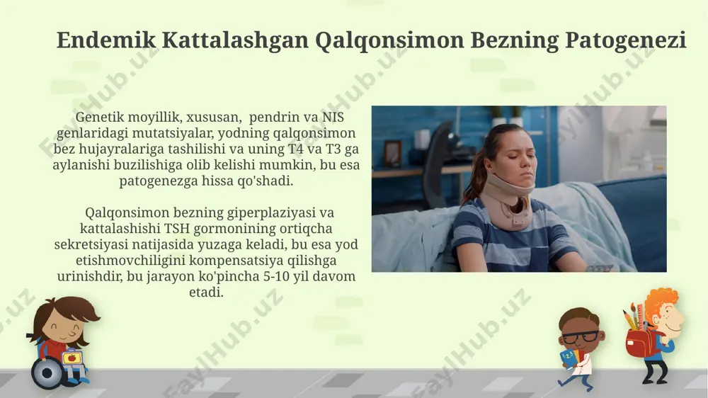 rtibga soladi va hujayra o'sishi va differentsiatsiyasini boshqaradi. gipotiroidizmning patofiziologiyasi gipotiroidizmda tsh darajasi 10 miu/l dan yuqori boʻlishi mumkin, bu qalqonsimon bezning gormonlar ishlab chiqarishdagi yetishmovchiligini koʻrsatadi va bu organizmning turli funksiyalariga salbiy ta'sir koʻrsatadi. gipotiroidizmda periferik toʻqimalarning tiroksin (t4)ni triyodtironin (t3) ga konvertatsiya qilish qobiliyatining pasayishi kuzatiladi, bu esa hujayra darajasida gormon ta'siriga ta'sir qiladi. iyod prophylaxisi va profilaktik choralar йод профилактикасининг самарадорлиги 70-90% гача етиши мумкин, бу эса эндемик зўриқишнинг олдини олишда муҳимдир, айниқса 12 ёшгача бўлган болаларда. ҳомиладорлик ва эмизиш даврида аёлларда кузатиладиган гипотиреоз хавфини камайтириш учун йил давомида 150-200 мкг йод истеъмол қилиш тавсия этилади. klinik ko'rinishlar va tashxis qo'yish ultratovush tekshiruvi qalqonsimon bezning tuzilishi, hajmi va tugunlar mavjudligini aniqlashda yordam beradi, ularning 5 mm dan kattaroq bo'lishi qo'shimcha tekshiruvlarni talab qiladi. qalqonsimon bezning kattalashuvi (yo'g'onlashuvi) ko'pincha palpatsiya yo'li bilan aniqlanadi, o'lchamlari 20-30 grammdan oshib ketishi mumkin va boshqa klinik belgilar bilan birga kuzatiladi. e'tiboringiz uchun …
