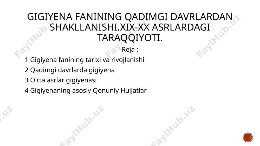n qadimgi yunonistonning buyuk shifokori gippokrat (miloddan avvalgi 460-477-yillar) gigiyena masalalariga bag'ishlangan «sog'lom turmush maromi to‘g‘risida», «havo, suv va joylar to‘g‘risida» deb nomlangan asarlari da tashqi muhitning odam salomatligiga ta’sir qilish 6 omillari hamda shu omillarning kasalliklarga nechogii aloqadorligi to‘g‘risidagi o‘z kuzatuvlari va nazariy mulohazalarini bayon qilgan. gippokratning «muhit nazariyasi»ni keyinchalik platon, aristotel va boshqa faylasuflar rivojlantirganlar asriy axlatlarni tozalash ishi dastlab 1609- yilda parijda o‘tkazilgan va 1780- yilga kelib axlatni ko‘chaga tashlash odatiga qarshi kurashishga kirishilgan. ichki kiyim va choyshab, ko‘rpa jildlari xviii asrgacha noyob ashyo bo'lib, bitliqilik juda keng tarqalgan, hatto qirol xonadoni ham bundan mustasno bo’lmagan. ovqat uchun tutiladigan alohida idish yevropada taxminan xvi asrda paydo bo‘lgan. 1882-yilda gigiyena kafedrasi moskva universitetida ham tashkil etilgan. uning tashkilotchisi f.f.erisman bo‘lib, uning hamma mehnat faoliyati yuqori darajadagi gigiyenik tekshirishlarga bag‘ishlangan bo‘lib, shu bilan bir qatorda amaliy sanitariya sohasida tibbiy-jamoatchilik ishlarida ham faol ishtirok etgan. u moskvada birinchi shahar sanitariya …