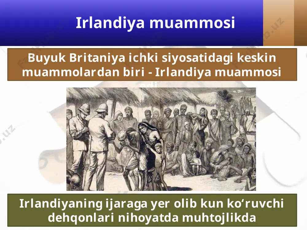ida ichki siyosiy muammolarni yumshatishga va xalqni jipslashtirishga muvaffaq bo‘ldilar. savol va topshiriqlar 1. irlandiya muammosi qay tariqa vujudga kelgan edi? 2. irland xalqining mustaqillik uchun olib borgan kurashi haqida nimalarni bilib oldingiz? 3. gomrul haqidagi qonun qabul qilinmasligi mumkin edimi? 4. 1911-yilda buyuk britaniyada o‘tkazilgan parlament islohoti haqida so‘zlab bering. 5. leyboristlar partiyasining tuzilishi haqida nimalarni bilib oldingiz? 6. buyuk britaniya qachon irlandiyani bosib olgan edi? image2.jpg image3.jpeg image4.jpeg image5.jpeg image6.jpeg image7.jpeg image8.jpeg image9.jpeg image10.jpeg image11.jpeg image12.jpeg image13.jpeg image14.jpeg image1.jpg