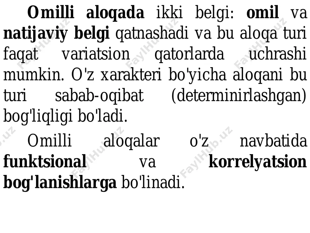 ibat belgilar munosabatlari orqali emas, balki bevosita munosabatlar orqali bog‘lanishda bо‘ladi. statistikada har dom ham bog‘lanishlarni miqdoriy jihatdan baholashni о‘tkazish kerak emas. eng muhimi bog‘lanishlarning yо‘nalishi va xarakteri, bir omilning ikkinchisiga ta’sir etish shaklini aniqlashdir. statistikada bog‘lanishlarning mavjudligi, yо‘nalishi va xarakterini aniqlash uchun quyidagi usullardan foydalaniladi: parallel ma’lumotlarni keltirish; analitik guruhlash; grafik; korrelyatsiya. korrelyatsion-regression tahlil yordamida asosan ikki turdagi masala yechiladi: 1. belgilar о‘rtasidagi bog‘lanishni ifodalovchi regressiya tenglamasini aniqlash va uni ma’lum ehtimol (ishonch darajasi) bilan baholash: 2. bog‘lanish zichligini aniqlash. korrelyatsion-regression tahlilni qо‘llashda statistik tо‘plam quyidagi talablarga javob berishi kerak: natijaviy belgining о‘rtacha miqdori soxta bо‘lmasligi; tasodifiy xatolar ta’sirining yо‘qolib ketishi uchun tо‘plam miqdori yetarlicha katta bо‘lishi; tо‘plamning birliklari о‘zaro bog‘lanmagan bо‘lishi; natijaviy belgi omillarning barcha qiymatlarida normal taqsimot qonuniga bо‘ysunishi yoki unga yaqin bо‘lishi. n=601813218nx 22––1930.8 12462–0.6 26147–50.4 ny40302010x y korrelyatsion jadval tuzilishi bog‘liqlik modellarini kо‘p omilli regressiya tenglamalari kо‘rinishida tuzish tartibi. iqtisodiy hodisalarning о‘zgarishi nafaqat bitta, balki …