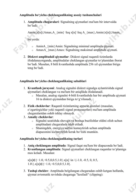 io, video va raqamli nazorat tizimlarida signalning sifatli ishlatilishini ta’minlaydi. oddiylik va aniqlikning amaliy ahamiyati oddiylikning afzalliklari 1. saqlash va uzatishning qulayligi: oddiy tuzilma signalni ixcham shaklda saqlash va uzatish imkonini beradi. 2. qayta ishlashning tezligi: signalning oddiyligi hisob-kitoblarni tezlashtiradi. 3. texnologik soddalik: diskret signallar raqamli qurilmalarda oson ishlaydi. aniqlikning afzalliklari 1. ma'lumotlar yo‘qolishini kamaytirish: signalni yuqori aniqlikda ifodalash orqali sifatni saqlash mumkin. 2. buzilishlarga chidamli: aniqlik yuqori bo‘lganda shovqin va buzilishlar ta’siri kamayadi. 3. tizimlarni kalibrlash imkoniyati: aniqlikni boshqarish orqali qurilmalarni kerakli darajada sozlash oson. diskret signalning oddiylik va aniqlik xususiyatlari uni raqamli tizimlarda ishlatish uchun juda qulay qiladi. oddiy tuzilma hisob-kitoblarni soddalashtirsa, yuqori aniqlik signal sifatini ta’minlaydi. ushbu xususiyatlar telekommunikatsiya, sanoat nazorati, audio-video tizimlar kabi ko‘plab sohalarda muhim rol o‘ynaydi. diskret signalning turlari 1. deterministik va ehtimolliy signallar: · deterministik: har bir vaqt nuqtasida aniq qiymatga ega (masalan, sinusoidal signal). · ehtimolliy: oldindan bashorat qilib bo'lmaydigan qiymatlarga ega …