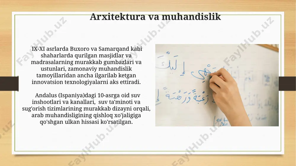 va ularning intervalli tuzilishi haqidagi bilimlar saqlanib qolgan. qishloq xo'jaligi andalus (ispaniya)da 8-15 asrlar davomida arab olimlari tomonidan yangi ekin turlarini yetishtirish, hosildorlikni oshirish bo'yicha 20 dan ziyod tadqiqotlar o'tkazilib, zamonaviy qishloq xo'jaligi uchun asos bo'lgan. ix-x asrlarda buxoro va samarqand kabi yirik shaharlarda paxtachilik va bog'dorchilik 30 dan ortiq navlarda rivojlangan bo'lib, bu sohada arab olimlari tomonidan ishlab chiqilgan sug'orish tizimlari muhim rol o'ynagan. geografiya va kartografiya arab geograflar 9-11-asrlar davomida dunyoning batafsil xaritalarini, masalan, bag‘dod va kordovadagi katta kutubxonalar yordamida yaratishgan, bu esa zamonaviy kartografiyaning rivojlanishiga ta'sir ko‘rsatgan. arab geograflarining matematik va astronomik bilimlarini qo‘llab, ko‘pgina yangi koordinata sistemalari va proeksiyalarini ishlab chiqqanligi, keyinchalik evropa kartograflariga ta'sir ko‘rsatgan. matematika sohasidagi yutuqlar ix-x asrlarda xorazmda yashab ijod qilgan muhammad ibn musa al-xorazmiy algebra asoslarini yaratdi, "al-kitob al-muxtasar fi hisob al-jabr val-muqobala" asari bilan algebra fanining rivojiga katta hissa qo'shdi va uning nomidan "algebra" so'zi kelib chiqqan. al-battani (850-929) trigonometriya …