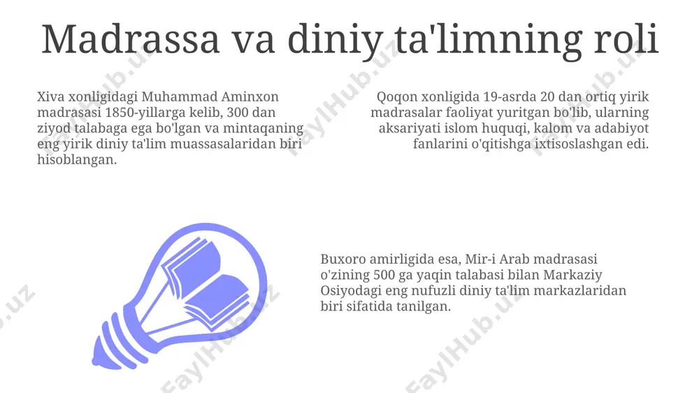 nik fanlarga urg'u berilgan bo'lib, samarqand va toshkentdagi maktablarda matematika va fizika o'qitila boshlandi. qoqon xonligida ta'lim taraqqiyoti qoqon xonligida 19-asrning ikkinchi yarmida, xususan, xudoyorxon davrida, madrasalar soni sezilarli darajada oshdi, jumladan, qoqon shahrida va marg'ilon kabi yirik shaharlarda yangi ta'lim muassasalari qurildi. qoqon xonligida diniy ta'lim bilan bir qatorda, dunyoviy fanlar, masalan, matematika, astronomiya va adabiyot ham o'qitilardi, ammo ularning darajasi va miqdori diniy ta'limga nisbatan ancha past edi. taxminan 100 dan ortiq talaba qabul qilgan qoqon madrasalarida, arab, fors va turkiy tillarda diniy va dunyoviy adabiyotlar o'qitilardi, shu bilan birga qo'lyozma kitoblar ham keng qo'llanilgan. buxoro amirligida ta'lim holati buxoro amirligida 19-asr oxirida 20 dan ortiq madrasa, jumladan, mir-i arab va kolyon madrasalari faoliyat yuritgan bo'lib, ular 500 dan ortiq talabani o'z bag'riga olgan. amirlik hududida, xususan, buxoro, samarqand va qarshi kabi yirik shaharlarda, qo'lyozma kitoblarni ko'paytirish bilan shug'ullanuvchi 10 ga yaqin xususiy ustaxonalar faoliyat ko'rsatgan. buxoro amirligidagi …