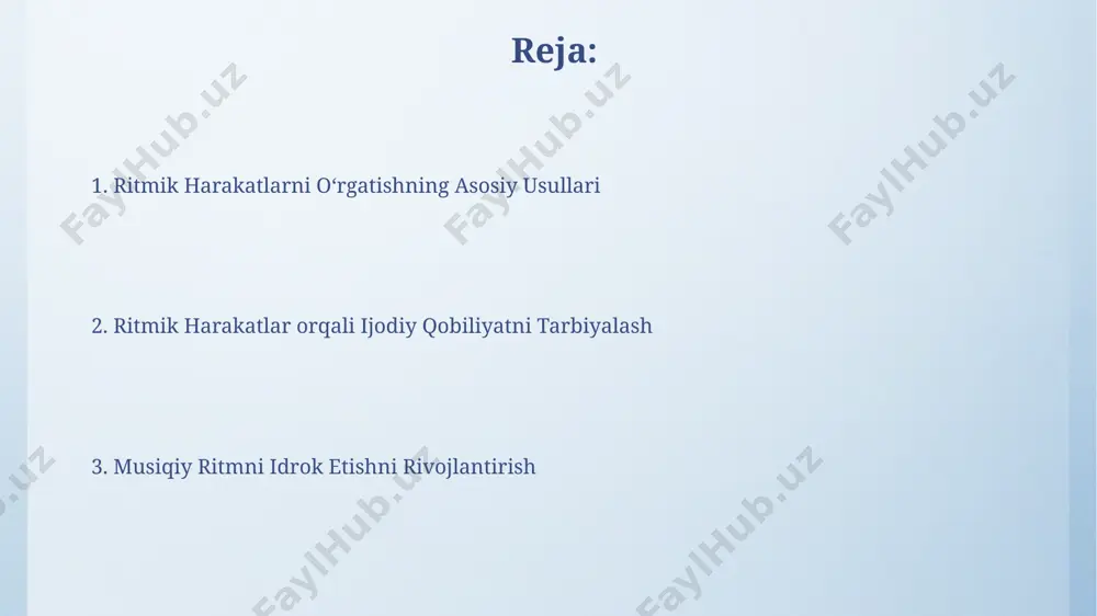 rangli kartalar, raqs namoyishlari yoki musiqiy asboblardan foydalanish o'quv jarayonini yanada samarali qiladi. musiqiy ritmik harakatlarni o'qitishda zamonaviy texnologiyalardan foydalanish musiqiy ritmik harakatlarni o'qitishda interaktiv o'yinlarni qo'llash, masalan, 5-7 yoshli bolalar uchun ritmni aniqlashga yordam beradigan sensorli ekranli dasturlar yordamida, o'quv jarayonini 30% ga tezlashtiradi. musiqiy ritmni onlayn platforma orqali 10 ga yaqin turli xil musiqiy janrlar namunalari bilan o'rgatish, o'quvchilarning musiqiy sezgirligini va ijodiy qobiliyatlarini rivojlantirishga yordam beradi. musiqiy ritmni idrok etish va ifodalashning usullari musiqiy ritmni 3/4 va 4/4 kabi turli metrlarni taqqoslash orqali, har bir urishning uzunligini his qilish va farqlashni o'rgatish orqali idrok etish mumkin. ritmik naqshlarni yaratishda, 2/4 va 6/8 kabi turli notalarning davomiyligini (kvarter, oktan va boshqalar) qo'llash orqali ritmik ifodani boyitish mumkin. improvizatsiya va ijodkorlikni rivojlantirish har bir mashg‘ulotda kamida 2 ta yangi ritmik element kiritish orqali, bolalarning ijodkorlik va improvizatsiya ko‘nikmalarini 20% ga yaxshilash mumkin. improvizatsiya mashg‘ulotlarida 2-3 turdagi ritmik asboblardan foydalanib, …