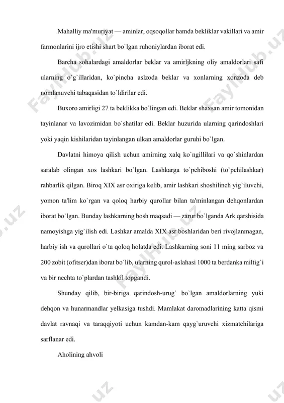 oliqlarni to`lash uchun ular olibsotarlar, sudxo`rlar, yirik zamindorlar yerlarida mehnat qilishga majbur bo`lishar edi. dehqonlar zulm bilan murosa qila olmay, zolimlarga qarshi oshkora qarshi chiqdilar. 1916-yildan keyin dehqonlar qo`zg`alonlari yalpi ommaviy harakatga aylanib, amalda amirlikning barcha bekliklarini qamrab oldi. norozilik chiqishlari aksariyati stixiyali, uyushmagan bo`lsa-da, ular amirlik hokimiyatini nuratib borardi. amir muzaffar hukmronligi davrida (1860—1885) ijtimoiy zulm haddan oshdi. bu davrda soliqqa tortishda pul ko`rinishidagi yig`imlar yetakchi o`rinni egallagan edi. ishlab berish majburiyatlari ko`rinishidagi ishbay renta ham keng qo`llanardi. xiroj, zakot va juz'ya asosiy soliqlar edi. yerdan olinuvchi xiroj solig`i miqdori ayrim viloyatlarda hosilning 40—50 foiziga yetardi va amir daromadlarining yarmidan ko`pini tashkil etardi. xiroj bilan bir mahalda kafsan — soliq yig`imi ishlari uchun, dorug`a — xirmonlami xatga olgani uchun amaldoiga dorug`ayi muzd ham undirilardi. chorvadorlar mollari qiymatidan 2,5 foiz zafatf to`lashardi. bog`lar va polizlardan alohida yig`im — tanobona to`langan. dehqonlar ma'muriyat vakillari yerlarni egallab olishidan, mahalliy hokimiyat va sud …
