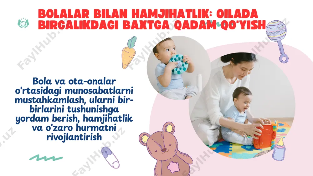 ad qo'yadi va uni amalga oshirish uchun qanday harakat qilishini aytib beradi o'yin maqsadi: birgalikda maqsadlar qo'yish, ularga erishish uchun birgalikda harakat qilish oilaviy hamkorlik • bayramlarni birgalikda o'tkazishning ahamiyati • bayramlarni qiziqarli va unutilmas qilish uchun g'oyalar • birgalikdagi oshpazlik, o'yinlar va faoliyatlar "oilaviy bayramlar" • an'analarni saqlashning ahamiyati • oilada an'analarni yaratish va rivojlantirish g'oyalari • an'analarni birgalikda qabul qilish "oilaviy an'analar" • oilaviy qoidalarni birgalikda tuzish • qoidalarga amal qilishning ahamiyati • qoidalarni buzgan taqdirda qanday choralar ko'rish kerak oilaviy qoidalar ota-onalarning o'zaro munosabatlarini yaxshilash bo'yicha tavsiyalar • o'zaro muloqot: bir-birlarini tinglash, o'zaro hurmat qilish, birgalikda vaqt o'tkazish • janjallarni hal qilish: bir-birlarini tushunishga harakat qilish, janjalni tinch yo'l bilan hal qilish, o'zaro uzr so'rash • bir-birlarini qo'llab-quvvatlash: bir-birlariga yordam berish, qiyinchiliklarni birgalikda hal qilish bolaga yordam berish usullari • bolaga o'z his-tuyg'ularini ifoda etishga yordam berish • bolaga o'ziga bo'lgan ishonchni oshirishga yordam berish • bolaga …