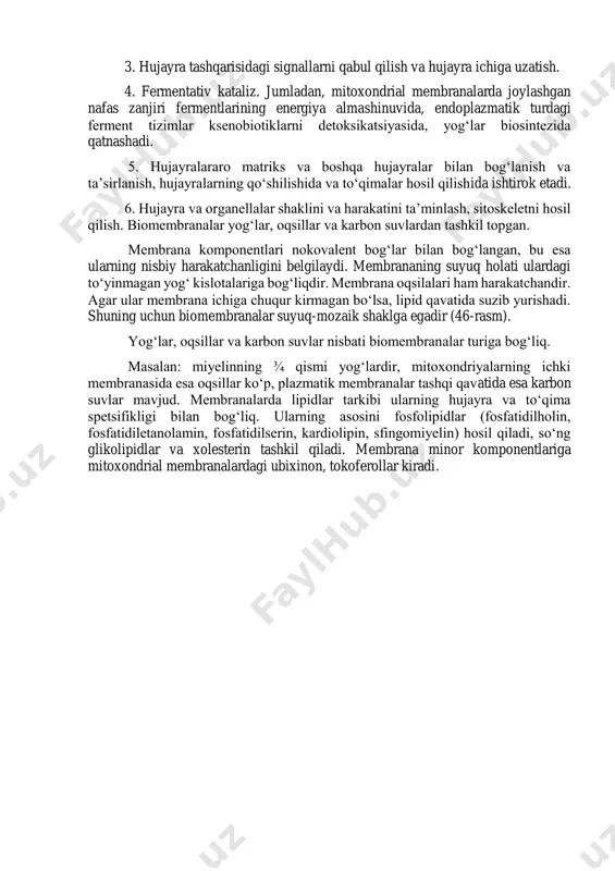 azmatik membranalar tashqi qavatida esa karbon suvlar mavjud. membranalarda lipidlar tarkibi ularning hujayra va to‘qima spetsifikligi bilan bog‘liq. ularning asosini fosfolipidlar (fosfatidilholin, fosfatidiletanolamin, fosfatidilserin, kardiolipin, sfingomiyelin) hosil qiladi, so‘ng glikolipidlar va xolesterin tashkil qiladi. membrana minor komponentlariga mitoxondrial membranalardagi ubixinon, tokoferollar kiradi. membrana oqsillari membrana oqsillarining asosiy qismi fermentlardir. shuning uchun membranalarning fermentativ faoliyati qanchalik xilma-xil bo‘lsa, shunga ko‘ra undagi oqsillar miqdori ham shuncha ko‘p bo‘ladi. miyelin tarkibida 20% oqsil bo‘ladi. fermentativ faoliyati juda yuqori bo‘lgan mitoxondriyaning ichki membranasi tarkibida 75% ga qadar oqsil bo‘ladi. fermentativ faoliyati bo‘lmagan bironta xil membrana bo‘lmaydi. membrana fermentlari esa lipidlar mavjudligidagina faoldir. har qanday sitoplazmatik membranada adenozintrifosfatni (atf) parchalovchi adenozintrifosfataza fermenti (atf-aza) mavjuddir. u hujayra ichida natriy (na) konsentratsiyasi ko‘payganda faollashadi yoki kaliy (k) konsentratsiyasining hujayra tashqarisida ortganida faollashadi 46- rasm. membrana tarkibi. 173 (k, na bilan bog‘liq bo‘lgan atf-aza). bu ferment kaliy, natriy ionlarini membrana orqali tashilishini ta’minlaydi. yana biri ca-atf- aza muskul …