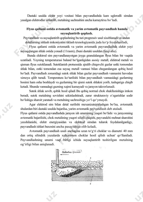htiradi, zarur strukturaviy о‘zgarishlar sodir bо‘lishiga sharoit yaratadi va metalning sachrashiga yо‘l qо‘ymaydi. agar elektrod sim bilan detal surilishi mexanizatsiyalashgan bо‘lsa, avtomatik shulardan biri dastaki usulda bajarilsa, yarim avtomatik payvandlash deb ataladi. flyus qatlami ostida payvandlashda jarayon ish unumining yuqori bо‘lishi va jarayonning avtomatik bajarilishi, chok metalining yuqori sifatli chiqishi, payvandchi mehnat sharoitini yaxshilanishi, elektr energiyasidan va elektrod simdan tularok foydalanilganligy, payvandlash ishlari baxosini ancha pasayishiga olib keladi, avtomatik payvandlash usuli anchagina uzun tо‘g‘ri choklar va diametri 40 mm dan ortiq silindrik yuzalarda xalkasimon choklar hosil qilish uchun' qо‘llaniladi. payvandlashning unumi vaqt birligi ichida suyuqlantirib tushirilgan metalning og‘irligi bilan aniqlanadi. 11-rasm. flyus qatlami ostida payvandlashda payvandlash vannasining sxemasi. 1-sovuq metall; 2-sutok shlak; 3-shlak qobiq; 4-suyuqlantirib tushirilgan metall qqkct•jn.t,g/s kst- suyuqlantirib tushirish koeffitsiyenti, g/as, jpt - payvandlash tokining kuchi, a dastaki usulda payvandlashda formuladagi kst bilan jpt ning qiymatlari flyus qatlami ostida payvandlashdagiga qaraganda ancha past bо‘ladi. dastaki usulda kst q …