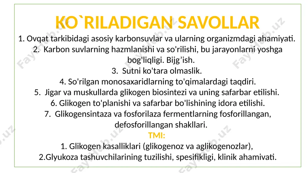 ishlaridan; patogen bakteriyalar va viruslar kirishidan asraydi. ovqat tarkibiga kiruvchi uglevodlar va ularning funksiyasi boshqaruv funksiyasi – ovqat tarkibidagi murakkab uglevodlarga mansub kletchatka ichaklarni mexanik ta’sirlantiradi va peristaltikani kuchaytiradi. shuning uchun ich qotish kuzatilganda tarkibida kletchatkasi ko‘p bo‘lgan qora non iste’mol qilish tavsiya etiladi. spesifiklik funksiyasi – uglevodlarning ayrim vakillari qon gruppalarining spetsifikligini ta’minlash: antitelalarning hosil bo‘lishi; nerv impulslarini o‘tkazish kabi muhim jarayonlarda qatnashadi. zaxira oziq moddalik funksiyasi – kraxmal (o‘simliklarda) va glikogen (hayvon va inson organizmida) zahira oziq moddalarga kiradi. ulardan glikogen jigar va muskul to‘qimasida to‘planib, lozim bo‘lganda sarflanadi. glikogen glyukozaning vaqtinchalik deposidir. organizmda uglevodlar almashinuvi ham og'iz bo'shlig'idan boshlanadi. bu erda so'lak fermenti amilaza polisaxaridlar - kraxmal va glikogenga ta'sir qiladi. amilaza polisaxaridlarni gidrolizlaydi (parchalaydi) yirik bo'laklarga - dekstrinlarga, ular oshqozonga kiradi. uglevodlarga ta'sir qiluvchi fermentlar yo'q, shuning uchun oshqozondagi dekstrinlar hech qanday tarzda o'zgarmaydi va ovqat hazm qilish trakti bo'ylab o'tib, ingichka ichakka kiradi. bu erda …