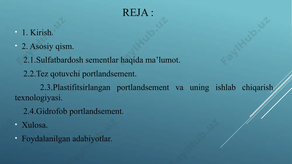 borlari); dengiz bo‘yidagi qurilishlar. sulfatga bardoshli sementlarga : sulfatga bardoshli portlandsement, mineral qo’shimchali sulfatga bardoshli portlandsement, sulfatga bardoshli shlakoportlandsement, putsolan portlandsementlar kiradi. 2.1 sulfatbardosh sementlar haqida umumiy ma’lumot 2-rasm. sulfatga chidamli portlandsement turlari. 2.1 sulfatbardosh sementlar haqida umumiy ma’lumot bu barcha sementlarni normal mineralogik tarkibli klinkerni, qo’shimchalar qo’shib yoki qo’shmasdan, tuyib tayyorlanadi. sulfatga bardoshli klinkerdagi minerallar tarkibi quyidagicha bo’lishi kerak : c3s – 50 % dan ortiq bo’lmagan, c3a – 5 % dan ortiq bo’lmagan, mg oksid – 15 % dan ortiq bo’lmagan c3a – c4af – 22 % dan ortiq bo’lmagan miqdorda. ushbu sement mustahkamligi bo’yicha 300 va 400 miqdorlarga bo’linadi. ishlab chiqarish texnologik sxemasi oddiy portlandsement ishlab chiqarish sxemasidan farqlanmaydi. 3-rasm. sulfatga bardoshli portlandsement klinkerini mineralogik tarkibi 2.2 tez qotuvchi portlandsement tez qotuvchi sement – qisqa vaqt ichida qotadigan sement turi bo‘lib, favqulodda holatlarda, tezkor ta’mirlash ishlari uchun juda foydalidir. bu sementning tarkibida yuqori miqdorda aluminatlar (c₃a va …