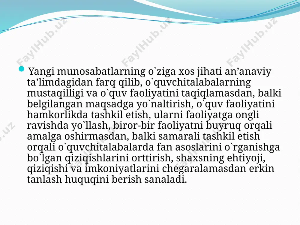 `rinishida bilim oladi. loyihalashtirish metodini qo`llash natijasida loyiha (‘royekt) ko`rinishidagi bilim o`zlashtiriladi. o`qituvchi va o`quvchi o`rtasidagi munosabatlarni ifodalovchi hamkorlik ‘edagogikasiga tayanib, talabalarning birgalikda ta’lim olishlari amalga oshiriladi. talabalarni hamkorlikda ta’lim olishlari, ta’lim jarayonlarini loyihalashtirish, talabalar bilan ishlashni loyihalashtirish kabilar zamonaviy ‘edagogik texnologiyalarning asosiy metodlari hisoblanadi. o`quv-tarbiya jarayonida vujudga kelgan yangi ‘edagogik munosabatlar mazkur jarayonda zamonaviy ‘edagogik texnologiyalarni qo`llashni taqozo etadi. ‘edagogika fani va amaliyotida turli xil yondashuvlar qo`llaniladi. ular og`zaki, ko`rgazmali, tadqiqiy, izlanuvchan, tizimli, funksional, kom’leks, texnologik, faoliyatli yondashuvlardir. o`quv-tarbiya jarayoniga zamonaviy ‘edagogik texnologiyalarni joriy qilish ‘edagogdan ijobiy ishlashni talab etadi. ‘edagog o`zida unga yordam beruvchi tashqi imkoniyatlar, ya’ni, nazariyamaliy, o`quv qurollari va vositalari mavjudligi haqida to`liq ma’lumotlarga ega bo`lishi kerak. bu esa, o`z navbatida, ‘edagogik texnologiyalarni qo`llash rejasini ishlab chiqishga, ya’ni vazifalarini belgilab olishga olib keladi. belgilangan maqsad va vazifalarni e’tiborga olgan holda ta’limning harakatchan modeli yaratiladi. modelni ishlab chiqish asosan tizimli yondashuv uslubi, maqsadlar tizimini yaratish va unga …