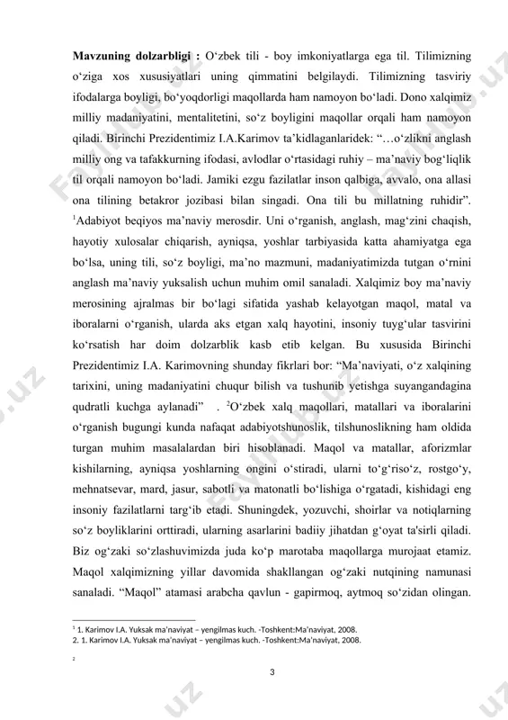 ishlash va mavzuga oid maqollarni tasniflashdan iboratdir. kurs ishining vazifasi : 1. maqollar tadqiqiga oid izohlar; 2. lingvokuturologiya haqidagi ma’lumotlarni o‘rganish va tahlil qilish; 3. axloqiy tarbiyani shakllantiruvchi maqollarning antroposentrik tadqiqi; kurs ishining obyekti va predmeti : kurs ishining obyekti o‘zbek xalq maqollariga oid ilmiy ishlar yoki tadqiqotlar bo‘lib, predmeti o‘zbek xalq maqollari to‘plamlaridan axloqiy tarbiyani shakllantiruvchi maqollar tashkil etadi. kurs ishining metodlari : mavzuni yoritishda analiz, sintez va qiyosiy metodlardan foydalanildi. kurs ishi farazi :axloqiy tarbiya mohiyatiga ko‘ra inson ongining jamiyat bilan aloqadorligi, jamiyat oldida burchli ekanligi, o‘z xulq-atvorini jamiyat taraqqiyoti darajasiga bog‘likligini tushunishi, jamiyat tomonidan tan olingan axloqiy me'yor, ideal hamda talablarni bajarishda mas'uliyatni his etishi, ma'naviy-axloqiy bilimlarning e'tiqodga aylanishi va bu e'tiqodlarning tizimliligi, mustahkam ma'naviy-axloqiy his-tuyg‘u va xislatlarni shakllantirish, o‘quvchilar tomonidan ma'naviy-axloqiy xulq-atvor jamiyat a'zolariga bo‘lgan hurmat-e'tiborni namoyon etuvchi mezonlardan ekanligining anglab yetilishi, ma'naviy-axloqiy odatlarning shakllanishi va boshqalardan iborat. yuqoridagi tushunchalarni izohlash uchun esa biz xalq maqollaridan …