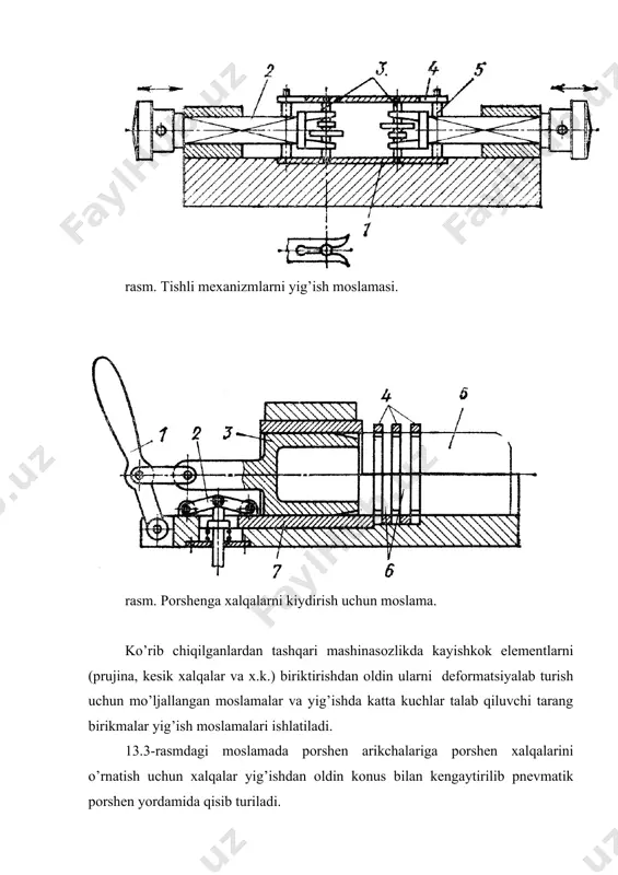 h elementlari bilan yig’ilayotgan birikmani baza sirtlari orasidagi ichki oraliqlarini hisobga olish zarur. aks xolda birikma kisilib qolishi. 13.6 rasmda kavsharlanib yig’ilganda va yig’iluvchi detallar xamda moslama detallari qiziydi. koldiriladigan oraliq ( qiymati moslamani (mc, va detallarni (em kengayish koeffitsentlariga bog’liq. rasm. moslamalarda yig’ish aniqligini hisoblash sxemasi. ( = t (( la(a + lb(b) - l(mc ( detallar shakllari murakkab bo’lsa, ( qiymatni aniqlash kiyinlashadi shuning uchun u elementar ravishda topiladi. agar detallar kengayish koeffetsentlari moslama materiali kengayish koeffentlaridan kichik bo’lsa, ( oraliqini kichraytirish imkoniyati payda bo’ladi. avtomatik yig’ish uchun mo’ljallangan moslamalarni loyixalash katta e’tibor talab qiladi, chunki ular yuqori ishonchlilik talabiga javob berishi zarur. adabiyotlar ro'yxati: 1. jt. в. перегудов, a x- хошимов вабошк,. автоматлаштирилган корхона станоклари.—т.: узбекистон, 1999. 2. грановский г.и. и др. резание металлов: учебник для машиностр. и приборостр. спец. вузов.-м.: высш. шк., 1985. 3. технология обработки конструкционных материалов: учебникдля машиностр. спец. вузов. под ред. п.г. петрухи.—м.: …