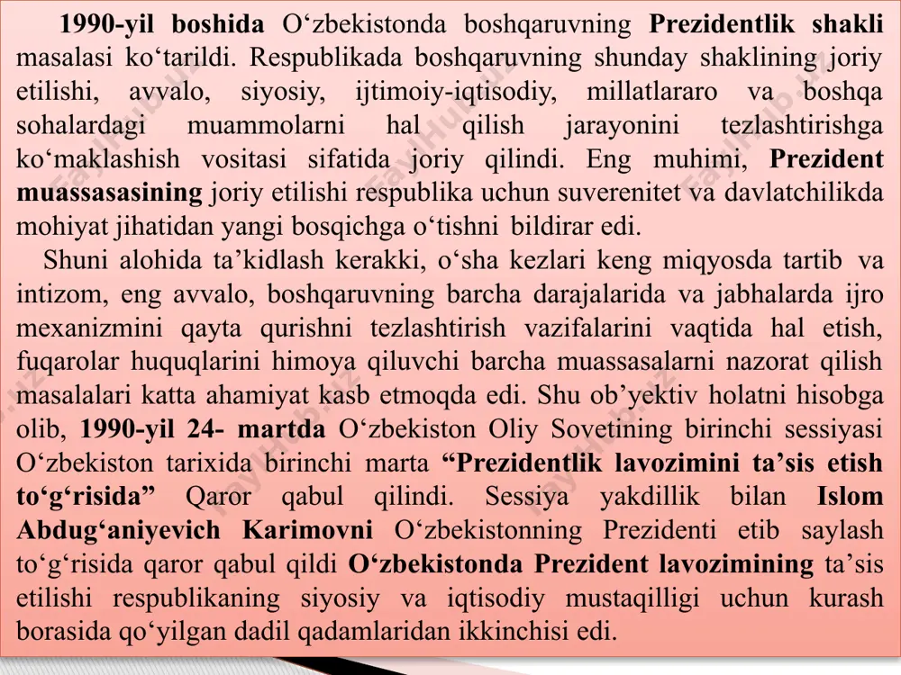 tasi tuzilib, sssr prezidenti m.gorbachev zо‘ravonlik bilan vazifasidan chetlashtirildi. o‘zbekiston kompartiyasi markaziy qo‘mitasi va markaziy nazorat qo‘mitasining 28-avgustda bo‘lgan qo‘shma plenumi respublika kompartiyasining kpss mq bilan har qanday aloqasini to‘xtatishga, kpssning barcha tashkilotlaridan chiqishga, uning markaziy organlaridagi o‘z vakillarini chaqirib olishga qaror qildi. о‘zbekiston о‘z mustaqilligini qо‘lga kiritishidan ancha oldin respublikaning davlat mustaqilligiga doir mutlaqo yangi davlat ramzlarini tayyorlash va qabul qilish ishlari boshlab yuborilgan edi. xususan, 1991-yil 15-fevralda о‘zbekiston oliy kengashi “о‘zbekistonning davlat ramzlari tо‘g‘risida” maxsus qaror qabul qildi o‘zbekiston davlat mustaqilligiga erishgach jahon xalqaro talablar va me’yorlar doirasida qiyofasini kо‘rsatmog‘i, buning uchun esa davlatimiz о‘zining butun imkoniyatlarini, о‘ziga xos jihatlarini ifodalovchi davlat ramzlariga ega bо‘lmog‘i lozim edi. о‘zbekiston respublikasi oliy kengashining 1991-yil 18-noyabrda bо‘lib о‘tgan viii sessiyasi “о‘zbekiston respublikasining davlat bayrog‘i tо‘g‘risida” qonun qabul qildi. о‘zbekiston respublikasining davlat bayrog‘i va uning ramzi bizning mamlakatimiz hududida ilgari mavjud bо‘lgan g‘oyat qudratli saltanatlar bayrog‘iga xos bо‘lgan eng yaxshi an’analarni davom …