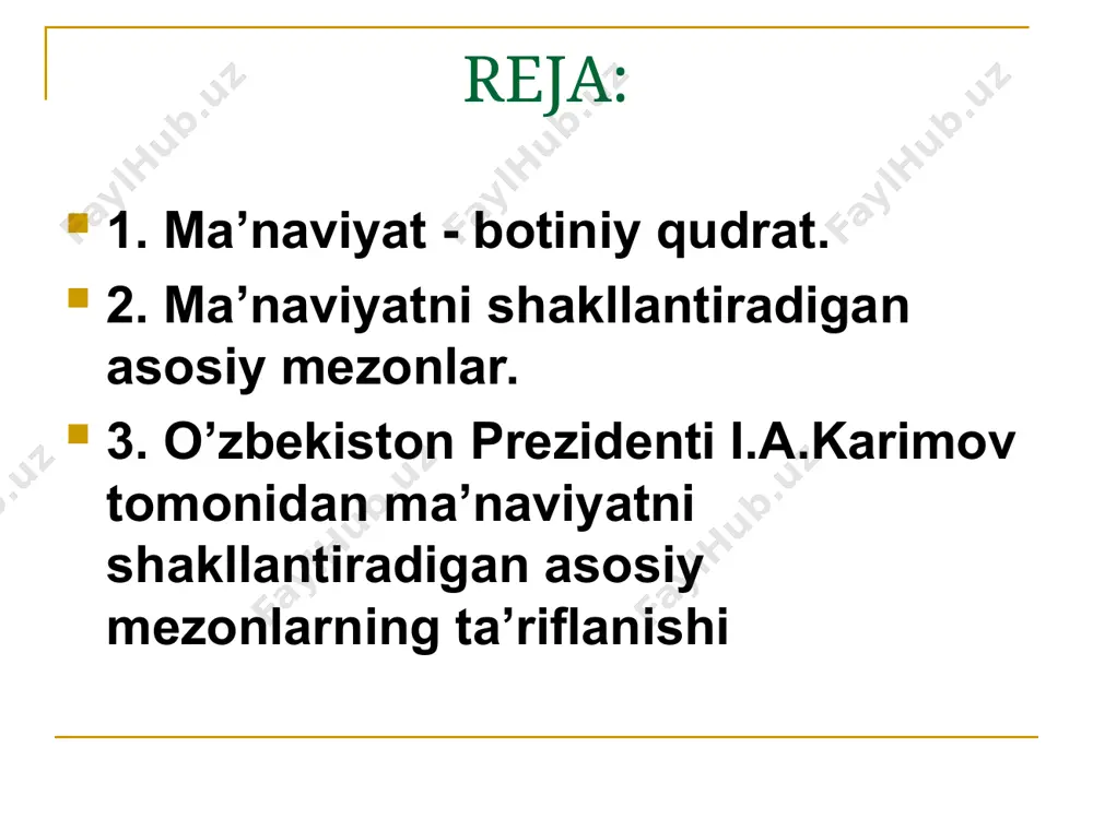 shakllantiradigan asosiy mezonlar. prezident i.a.karimov o’z asarida “ma’naviyatning yuksalishi bilan chambarchas bog’liq bo’lgan yana bir mezon” - islom dini haqida maxsus to’xtalib o’tishni zarur deb hisoblaydi. chunki “ko’p asrlar mobaynida xalqimiz qalbidan chuqur joy olib, hayot ma’nosini anglash, milliy ma’naviyatimiz va turmush tarzimizni, qadriyatlarimiz, urf-odat va an’analarimizni bezavol saqlashda muqaddas dinimiz qudratli omil bo’lib kelayotganini alohida ta’kidlash joiz. nega deganda, insoniylik, mehr-oqibat, halollik, oxiratni o’ylab yashash, yaxshilik, mehr-shafqat singari xalqimizga mansub bo’lgan fazilatlar aynan shu zaminda ildiz otadi va rivojlanadi”.kitobda yana shunday deyiladi: “... xalqimizning ma’naviyatini shakllantirishga, har qaysi insonning olloh marhamat qilgan bu hayotda to’g’ri yo’l tanlashi, umrning mazmunini anglashi, avvalambor, ruhiy poklanish, yaxshilik va ezgulikka intilib yashashida uning ta’sirini boshqa hech qanday kuch bilan qiyoslab bo’lmaydi”. tabarruk siymolarning millatimiz ma’naviy takomiliga qo’shgan xizmatlari xalqimizning o’tmishda islom ilmlari rivojiga qo’shgan ulkan hissalarini jahon tan olgan ulug’ allomalari imom buxoriy, imom termiziy, imom moturidiy, burhoniddin marg’inoniy, buyuk tasavvuf pirlari abduxoliq …