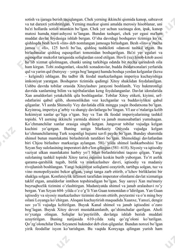 ittifoqi bo’lib, xitoy elchilari ulardan xunnlarga qarshi foydalanishga uringanlar. iii asrda syanbilar bir necha ittifoqqa bo’lingan. muyunlar janubiy manjuriyada, tobalar ichki mo’g’ulistonda hukmron bo’lganlar. muyunlar xitoyliklar ko’magida hukmron yan podsholigini o’rnatganlar. o’rta podsholik yerlariga g’arbdan tibet guruhi qabilalari kelib gansu, shensi, ninsya yerlarini egallab sin davlatini barpo etganlar. ular dastlab muyunlar so’ngra xanlar bilan to’qnash kelganlar. lekin, ko’chmanchilar podsholigi parchalanib tashlangan. shimoliy xitoyda tashkil etilgan podsholiklar mustahkam bo’lmay, odatda tez parchalanib ketardi. qadimgi xitoyning madaniyat o’chog’i bo’lgan shimol yuz yillar mobaynida jang maydoniga aylanib qolgan. iv asr oxiriga kelib g’arbiy syanbilarning toba qabilasi o’zaro janglarga chek qo’ygan. shimoliy xitoy egallanib, ularning yetakchisi toba guy imperator deb e'lon qilingan. davlat tuzumida xitoy tajribasidan foydalanilgan. 367- yilda ular xitoyning o’ziga bostirib kirganlar va toba guyning nabirasi shimoliy xitoyda shimoliy veylar sulolasi hukmronligini o’rnatgan. janubiy va shimoliy davlatlar. shimoliy xitoyga ko’chmanchilarning bostirib kirishi an'anaviy tarixshunoslikda janubiy va shimoliy sulolalar davri deb nomlangan bosqichni …
