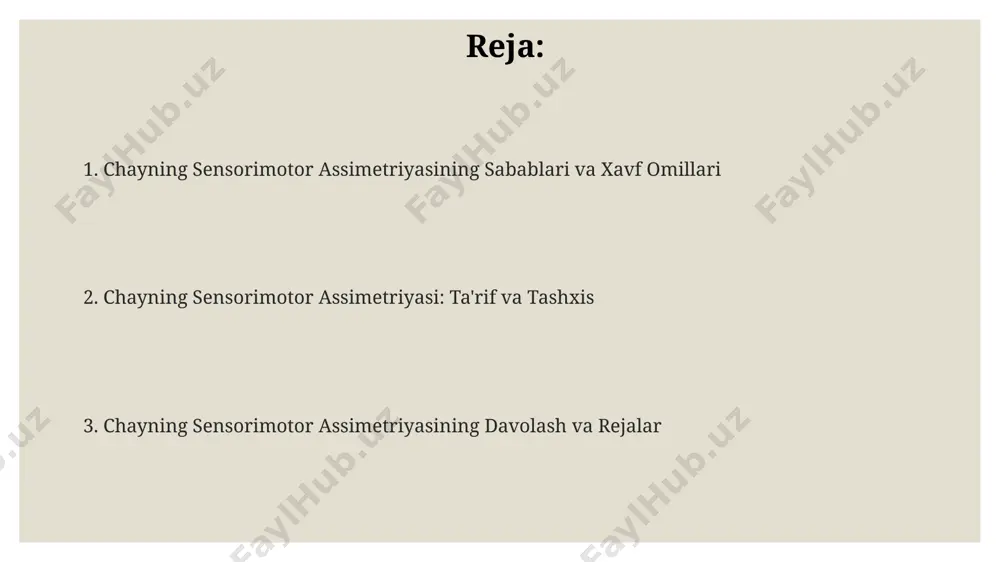 kelishi mumkin. chayda assimetriyaning namoyon bo'lishi sensorimotor testlar natijalari shuni koʻrsatdiki, chayda assimetriya 10 dan ortiq farqli harakatlarda aniqlanadi, shu jumladan, nozik motorika va qoʻlning tezligi bilan bogʻliq vazifalarda. chayda assimetriyaning ogʻirlik darajasi individual boʻlib, 5 balldan 15 ballgacha oʻzgarib, shu bilan har xil darajadagi nosimmetriklikni namoyon qiladi. chayda assimetriyaning namoyon boʻlishi, 20-30% hollarda qoʻlning ustunligini, ya’ni bir qoʻlning boshqasiga nisbatan harakatlarni bajarishda tezroq va aniqroq ishlashini koʻrsatadi. sensorimotor assimetriyaning ta'rifi va turlari assimetriyaning asosiy turlari o'ng va chap qo'l ustunligi, shuningdek, ko'rish va eshitish kabi sezgi tizimlarida kuzatiladigan farqlarni o'z ichiga oladi, bu miya sohalarining ixtisoslashuvi bilan bog'liq. sensorimotor assimetriyasi – bu miya yarim sharlarining harakat va sezgi funksiyalarida kuzatiladigan nomutanosiblik bo'lib, 20% gacha odamlarda uchraydi va turli darajalarda namoyon bo'ladi. sensorimotor assimetriyaning og'irlik darajasi individual farqlanadi, ba'zi hollarda minimal farqlar, boshqalarida esa sezilarli funksiya buzilishlari kuzatiladi, bu 1-5 ball shkalasi bilan baholanishi mumkin. chayning sensorimotor assimetriyasi: kirish sensorimotor …