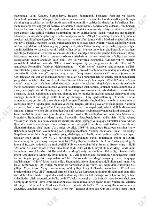 ng “shohi zinda yodgorlik majmuasida qayta tiklash va obodonlashtirish ishlarini tiklash to`g`risida”gi 337-son qarori qabul qilindi 2006 yil-qarshi sahrining 2700 yillii va xorazm ma’mun akademiyasining 1000 yilligi nishonlandi. 2007 yil-samarqand sahrining 2750 yilligi nishonlanadi. buyuk allomalarimiz yubileylari munosabati bilan ularning o`nlab noyob asarlari turli tillarda nashr etildi, ularga atab haykallar o`rnatildi, ziyorathoglar, bog`lar yaratildi. 1991 yilda buyuk bobomiz alisher navoiy tavalludining 550 yilligi keng nishonlandi. shu yili o`zbekiston fanlar akademiyasi adabiyot institutiga alisher navoiy nomi berildi, alisher navoiy nomidagi davlat mukofoti ta`sis etildi. yubiley yilida «lison ut-tair», «sab`ai-sayyor», «farhod va shirin», «layli va majnun», «hayrat-ul abror» asarlari nashr qilindi, kinofil`mlar va sahna asarlari yaratildi. 1991 yil 28 sentyabr kuni toshkent shahrida barpo etilgan alisher navoiy haykali va navoiy nomidagi o`zbekiston milliy bog`ining ochilishi marosimi bo`lib o`tdi. 1994 yil oktyabr oyida mirzo ulug`bek tavalludining 600 yillik yubileyi o`tkazildi. ulug`bek madrasasi, ulug`bek yashagan davrdagi astranomik asboblar, toshkentdagi ulug`bek haykali aks etgan pochta …