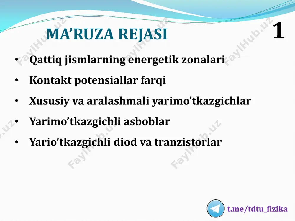lar yarim o‘tkazgich yoki dielektrik bo‘ladi. bunda energetik masofa taqiqlangan zona deb ataladi. uning qiymati 2,5-3 elektron voltdan kichik bo‘lsa yarimo‘tkazgich, katta bo‘lsa dielektrik deyiladi. qattiq jismlarning energetik zonalari ∆e – taqiqlangan zonaning kengligi; eb – vakuum sathi; ec – o‘tkazuvchalik zonasining eng pastki sathi; ev – valent zonaning eng yuqori sathi 5 t.me/tdtu_fizika kontakt potensiallar farqi ma’lumki, turli metallarda epkin elektronlarning konsentrasiyasi va xuddi shu kabi, metalldan chiqish ishi turlicha bo‘ladi. shuning uchun ikki xil metall bir-biri bilan kontaktga keltirilganda, kontakt sohasida erkin elektronlarning to‘xtovsiz tartibsiz harakati tufayli ularning bir metalldan ikkinchi metallga “ko‘chishi” (o‘tishi) sodir bo‘ladi. albatta, bunda elektronlarning chiqish ishi kichikroq, konsentrasiyasi ko‘proq bo‘lgan metalldan chiqish ishi kattaroq, konsentrasiyasi kamroq bo‘lgan qo‘shni metallga ko‘proq elektronlar o‘tadi. shuning natijasida bir metallda erkin elektronlar to‘planib qoladi, binobarin, metall manfiy zaryadlanadi, ikkinchi metallda esa erkin elektronlar yetishmaydi, bu metall musbat zaryadlanib qoladi . 6 t.me/tdtu_fizika turli tabiatli ikki metallni bir-biri …