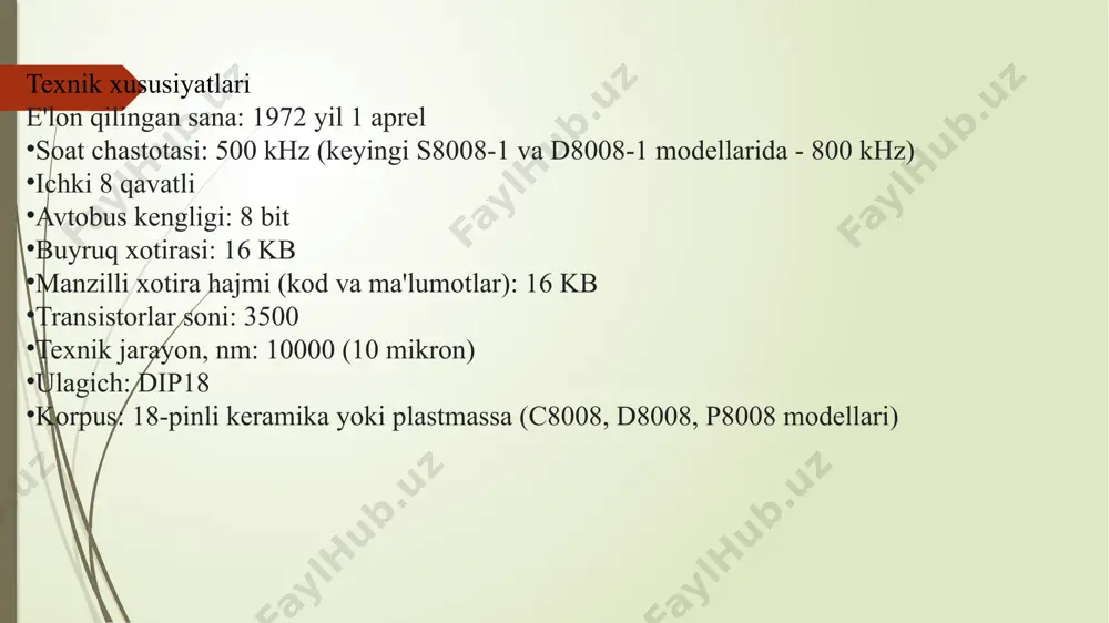 88 mikroprotsessorida intel 8086 mikroprotsessorining 6 baytli oldindan yuklash navbati emas, balki 4 baytli oldindan yuklash navbati qo‘llaniladi.sababi intel 8088 mikroprotsessori xotiradan bir vaqtning o‘zida faqat bir bayt ma’lumotni o‘qiy oladi va natijada keyingi ko'rsatma uchun olish vaqtini oshirish protsessorning 6 baytlik navbatdan to'liq foydalanishiga to'sqinlik qiladi. texnik xususiyatlari e'lon qilingan sana: 1979 yil 1 iyul ; soat chastotasi, mgts: 5 (model 8088), 8 (model 8088-2), 10 (model 8088-1) ; registr kengligi: 16 bit ; ma'lumotlar shinasi kengligi: 8 bit ; manzil avtobusining kengligi: 20 bit ; manzilli xotira hajmi: 1 mb ; transistorlar soni: 29 000 ; texnologik jarayon: 3 mikron ; kristal maydoni: ~30 mm² ; ta'minot kuchlanishi: +5 v ; ulagich: dip-40 paneli; korpus: 40-pinli keramika yoki plastmassa: intel 8088 ichki tuzilishi asosiy xotirada, dasturning buyruqlari yoziladigan qismi - kodlar yoziladigan segment deb ataladi. (rus tilida – kodovыy segment). kodlar yoziladigan segmentning maksimal hajmi, 64 kbaytga teng. …