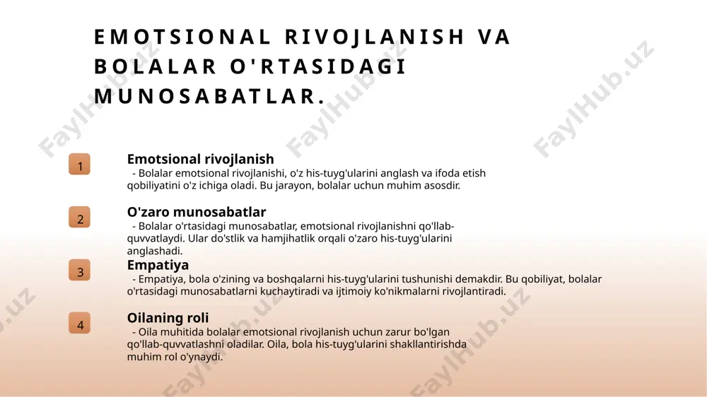 i ijodi muhim rol o'ynaydi, kognitiv rivojlanishni qo'llab-quvvatlaydi. 2 o'yin va o'qitish o'zbek madaniyatida o'yin va ta'lim birlashadi, bolalar o'yin orqali fikrlash qobiliyatlarini rivojlantirib, ijodkorlik va muammolarni hal qilishga yordam beradi. 3 madaniy meros ta'siri o'zbek xalqining madaniy merosi, musiqa, raqs va san'at orqali bolalarning kognitiv rivojlanishiga ijobiy ta'sir ko'rsatadi, ularning ijodiy fikrlashini oshiradi. maktabgacha yoshda emotsional rivojlanish: nazariy va amaliy jihatlar. 1 emotsional rivojlanish maktabgacha yoshda emotsional rivojlanish bolalarning o'z hissiyotlarini anglash va boshqarish qobiliyatini shakllantiradi, bu esa ularning ijtimoiy munosabatlariga ta'sir qiladi. 2 hissiy o'zaro aloqalar bolalar o'zaro aloqalarda hissiyotlarni ifodalash va tushunish orqali emotsional intellektni rivojlantiradilar, bu esa do'stlik va hamdardlikni kuchaytiradi. 3 madaniy omillar o'zbek madaniyatida bolalarning emotsional rivojlanishi an'anaviy o'yinlar va oilaviy aloqalar orqali qo'llab-quvvatlanadi, bu esa hissiy barqarorlikka yordam beradi. ijtimoiy ko'nikmalar va ularning bolalar munosabatlariga ta'siri. 1 ijtimoiy ko'nikmalar turlari ijtimoiy ko'nikmalar bolalar uchun muhimdir, jumladan, muloqot, hamkorlik, va empatiya kabi ko'nikmalar. bu …