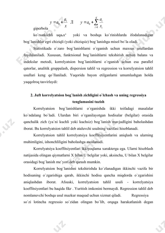 r maqsad uchun xizmat qiladi. regressiya so`zi lotincha regressio so`zidan olingan bo`lib, orqaga harakatlanish degan lug`aviy ma`noga ega. bu atamani statistikaga kirib kelishi ham korrelyatsion tahlil asoschilari f.galton va k.pirson nomlari bilan bog`liqdir. regression tahlil amaliy masalalarni yechishda muhim ahamiyat kasb etadi. u natijaviy belgiga ta`sir etuvchi belgilarning samaradorligini amaliy jihatdan yetarli darajada aniqlik bilan baholash imkonini beradi. shu bilan birga regression tahlil yordamida iqtisodiy hodisalarning kelajak davrlar uchun istiqbol miqdorlarini baholash va ularning ehtimol chegaralarini aniqlash mumkin. regression va korrelyatsion tahlilda bog`lanishning regressiya tenglamasi aniqlanadi va u ma`lum ehtimol (ishonch darajasi) bilan baholanadi, so`ngra iqtisodiy-statistik tahlil qilinadi. shu sababli ham regression va korrelyatsion tahlil quyidagi 4 bosqichdan iborat bo`ladi: masala qo`yilishi va dastlabki tahlil; ma`lumotlarni to`plash va ularni o`rganib chiqish; bog`lanish shakli va regressiya tenglamasini aniqlash; regressiya tenglamasini baholash va tahlil qilish. to`g`ri chiziqli regressiya tenglamasining uqa0qa1x parametrlari (a0, a1) o`rtacha arifmetik miqdorning quyidagi xossasiga asoslanib «eng kichik kvadratlar» …
