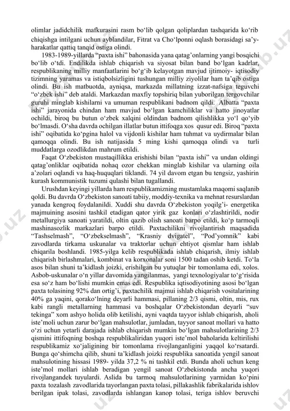 iddiy mafkuraviy xatolar va buzg’unchilik”da ayblandi. bundan tashqari, milliy ziyolilarning atoqli vakillariga qarshi qatag’on boshlandi. ayniqsa, 1951-52-yillarda “sovetlarga qarshi millatchilik faoliyati” uchun shukrullo, m.shayxzoda, shuhrat, said ahmad, mirkarim osim, mirzakalon ismoiliy va respublikaning boshqa bir qancha yozuvchilari, olimlari 25 yil qamoq jazosiga hukm qilindilar. stalincha qatag’on yillarida o‘zbekistonda 1937-39-yillarning о‘zida 41 ming kishi qamoqqa olindi, shulardan 37 mingi turli muddatlarga hukm qilindi, 6920 kishi otib tashlandi. umuman olganda, 1939-1953-yillarda 61799 kishi qamoqqa olinib shulardan, 56112 kishi ozodlikdan mahrum qilingan bо‘lsa, 7100 kishi otib tashlandi. albatta, ularning kо‘pchiligi 1956-yilda batamom oqlandi, biroq о‘limidan sо‘ng 80-yillarga kelib mavjud tuzum mafkurachilari о‘zlarining yangi hurujini boshladilar. totalitar tuzumni saqlab qolish uchun aholini qо‘rquvda tutish, dam-badam tahqirlar va qatag’on qilish odat tusiga aylanib qolgan edi. bu safar ham partiya zо‘ravonligi natijasida, 1982-yili bir guruh adabiyotchi olimlar jadidchilik mafkurasini rasm bо‘lib qolgan qoliplardan tashqarida kо‘rib chiqishga intilgani uchun ayblandilar, fitrat va chо‘lponni oqlash borasidagi sa’y- harakatlar …